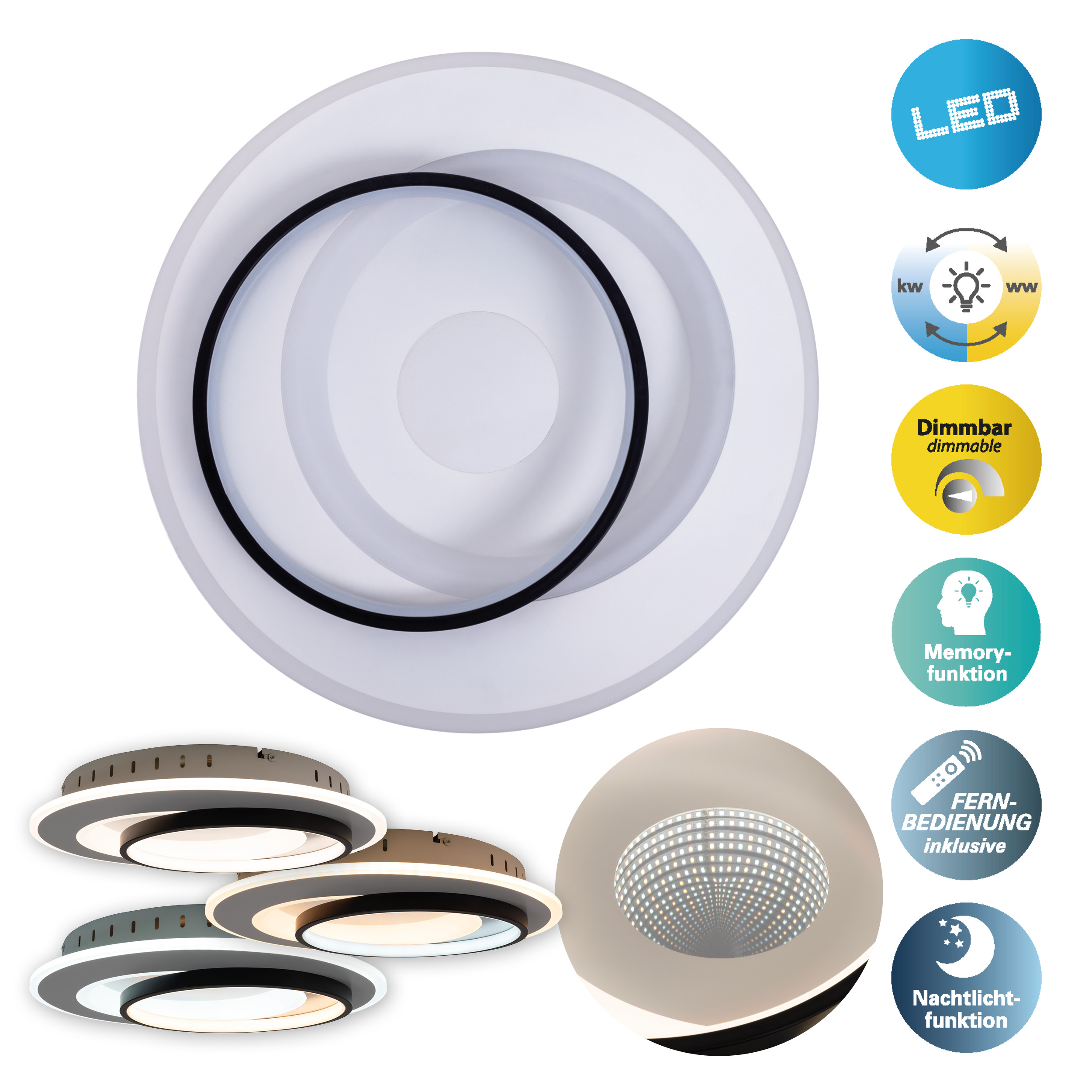 Deckenleuchte mit LED, dimmbar, Memory-Funktion, Fernbedienung und Nachtlicht. Weißes und schwarzes Design.