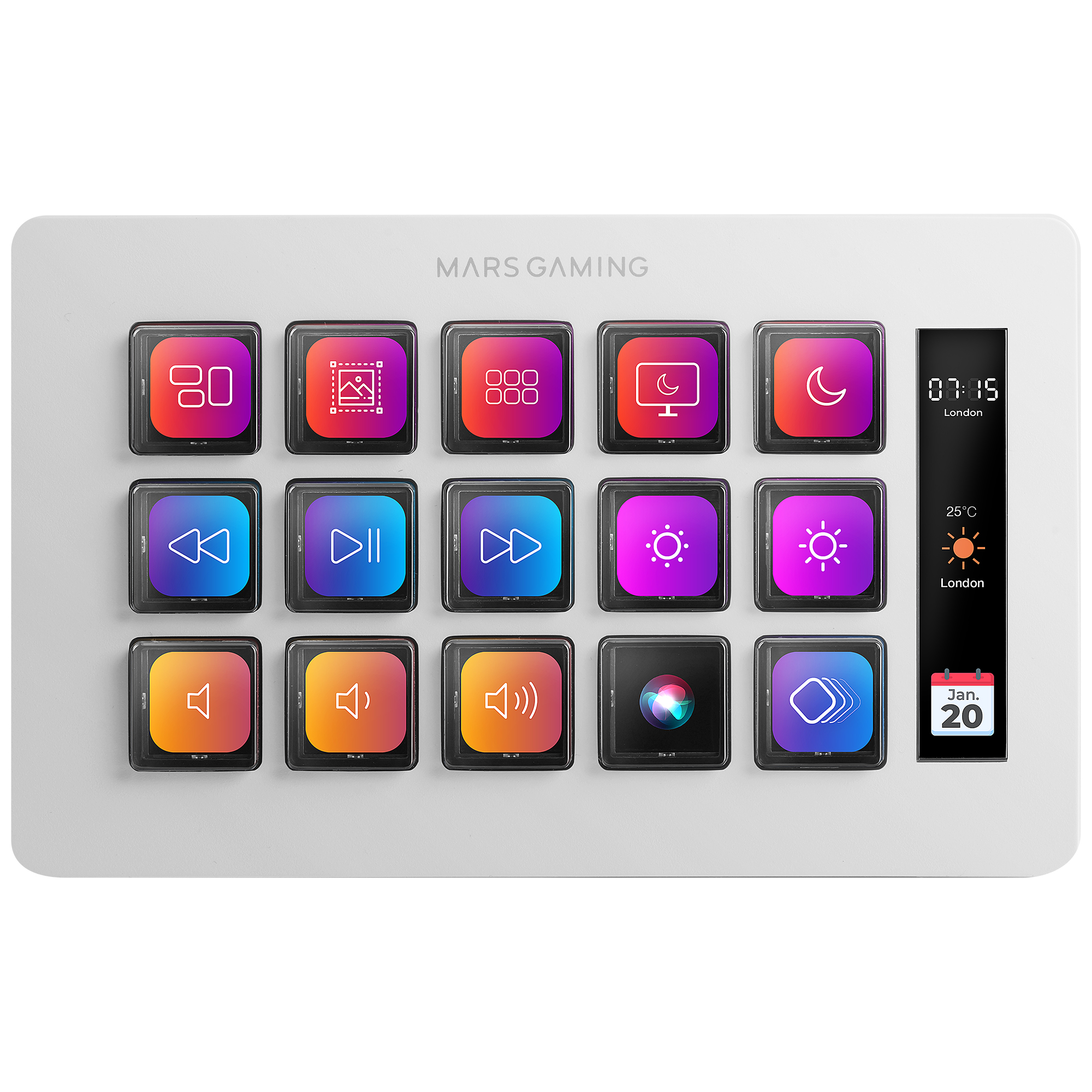 Un panel blanco con botones que muestran iconos para la configuración, los controles multimedia y la información del sistema. Se muestra la hora y la fecha.