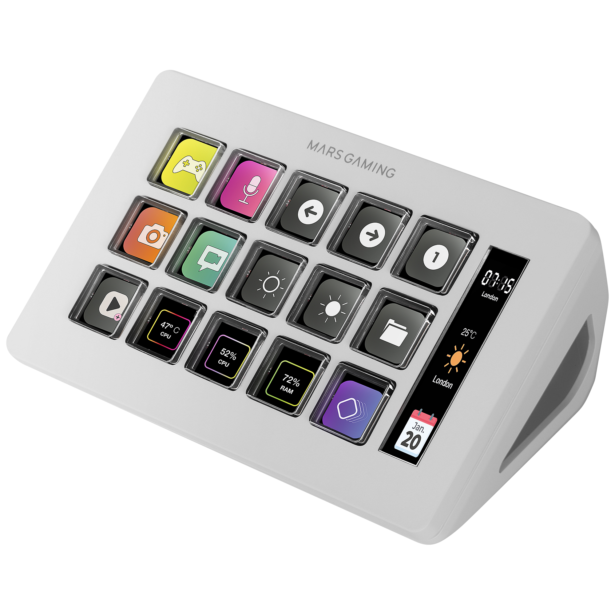 Un panel de control blanco con varios botones y una pantalla que muestra la hora, la temperatura y la información del sistema. La marca es Mars Gaming.