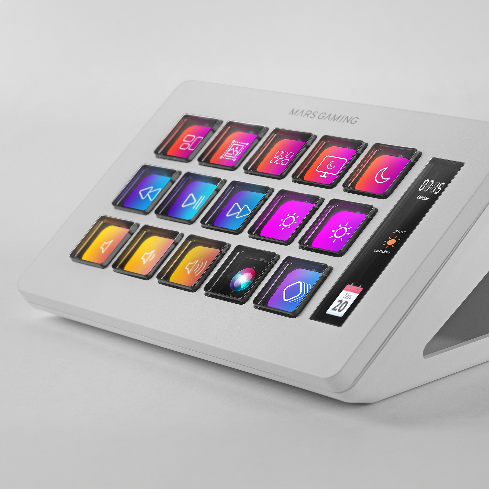 Un panel de control blanco con múltiples iconos de pantalla táctil muestra la hora, la temperatura y los detalles del calendario. La marca es MARS GAMING.