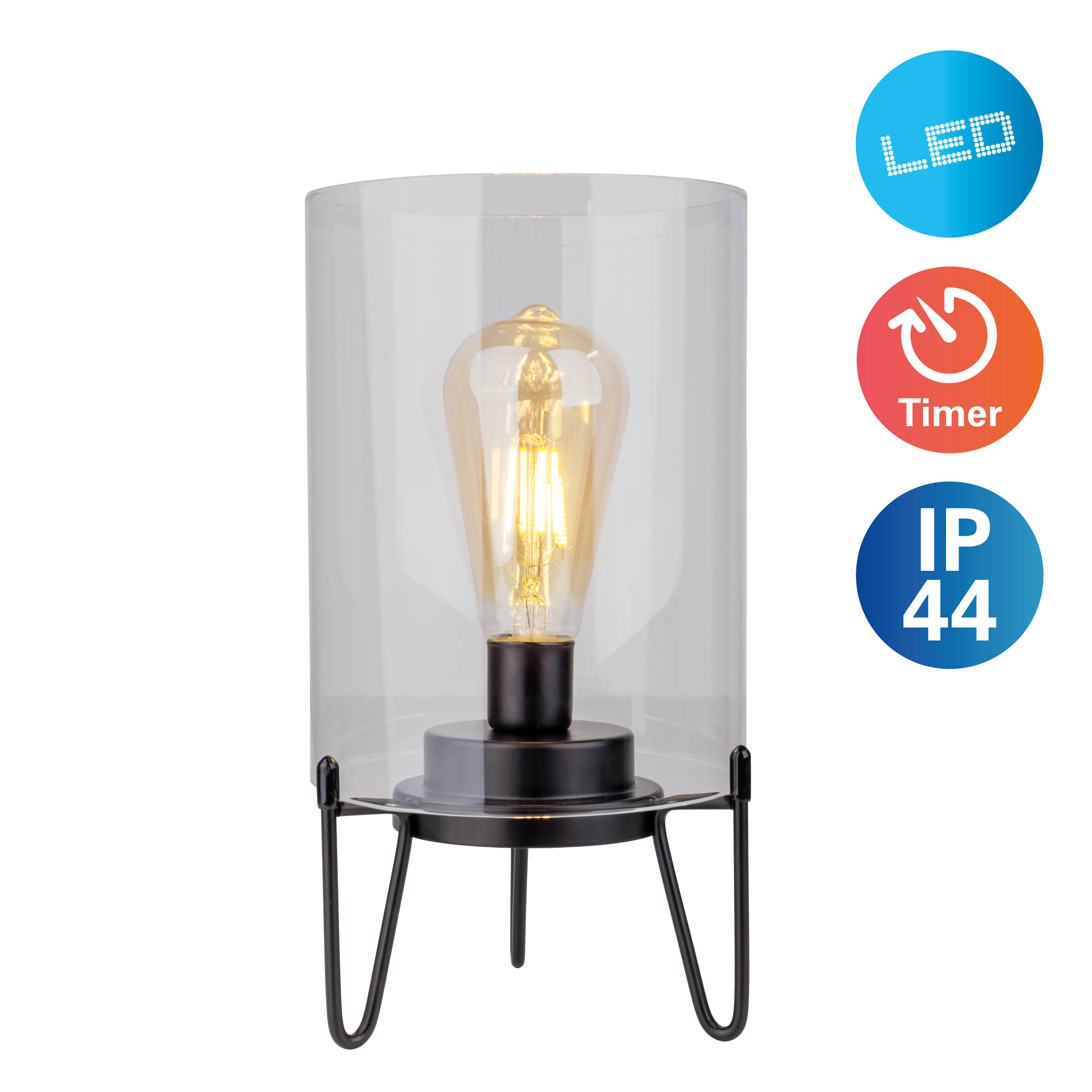 Eine Tischlampe mit Glasschirm und sichtbarer Glühbirne, auf einem schwarzen Metallrahmen. Symbole: LED, Timer, IP44.