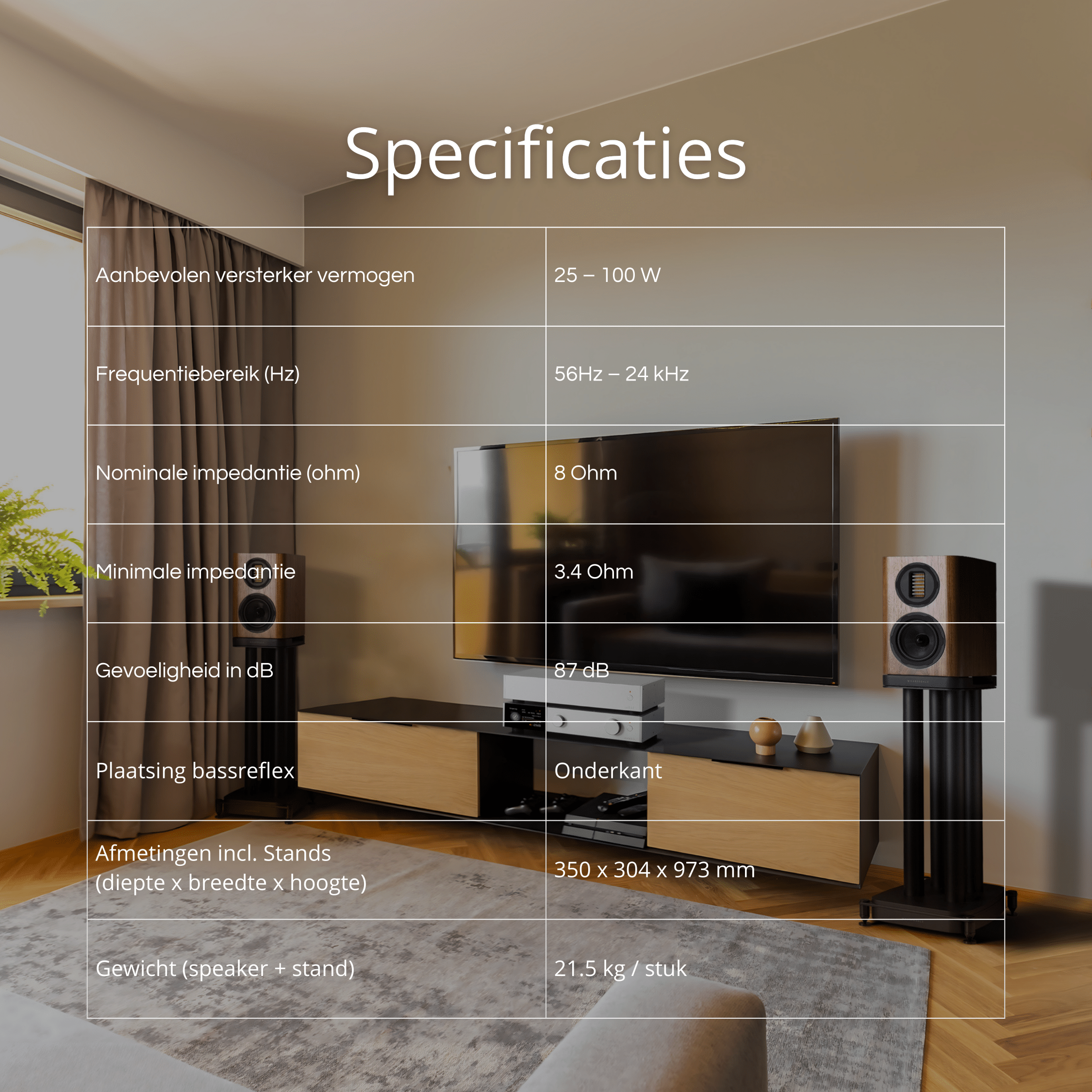 Een kamer met een tv, luidsprekers en een tafel met specificaties. De tekst is in het Nederlands.