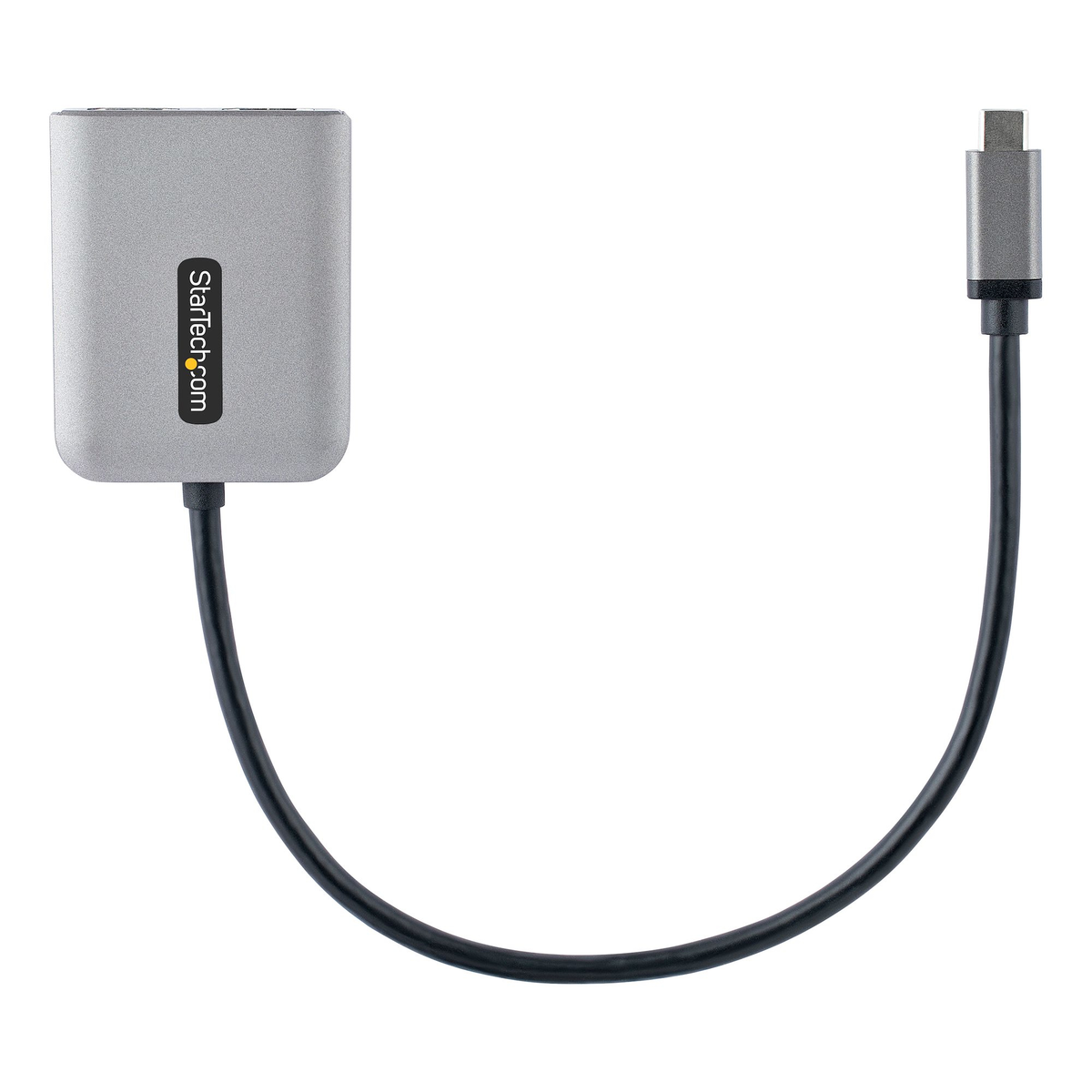 Un adattatore StarTech argentato con cavo nero e connettore USB-C su sfondo bianco.