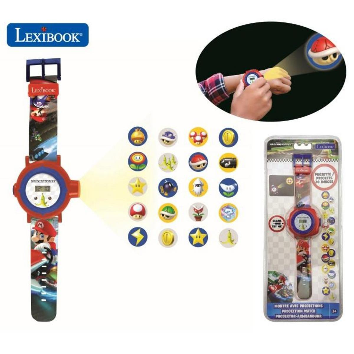 Se muestra un reloj proyector Lexibook Mario Kart. Incluye imágenes de Mario e iconos. El reloj proyecta imágenes. Una mano lo lleva puesto.