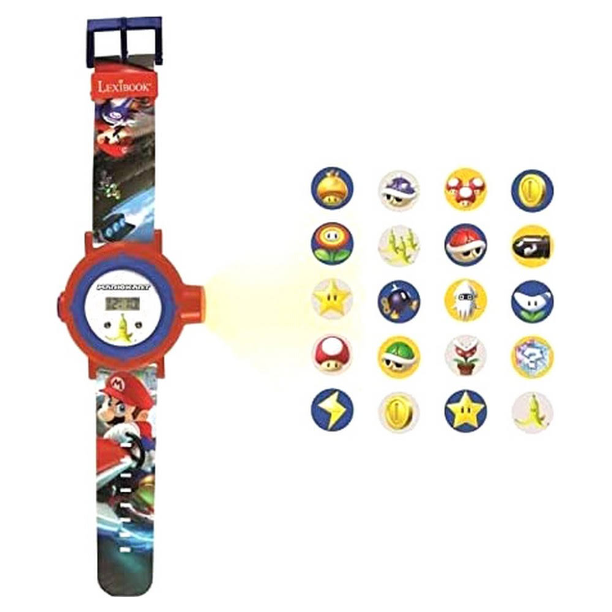 Un reloj rojo de Mario Kart con pantalla digital e imágenes de Mario y Sonic. Junto a él hay imágenes circulares con iconos temáticos de Mario.