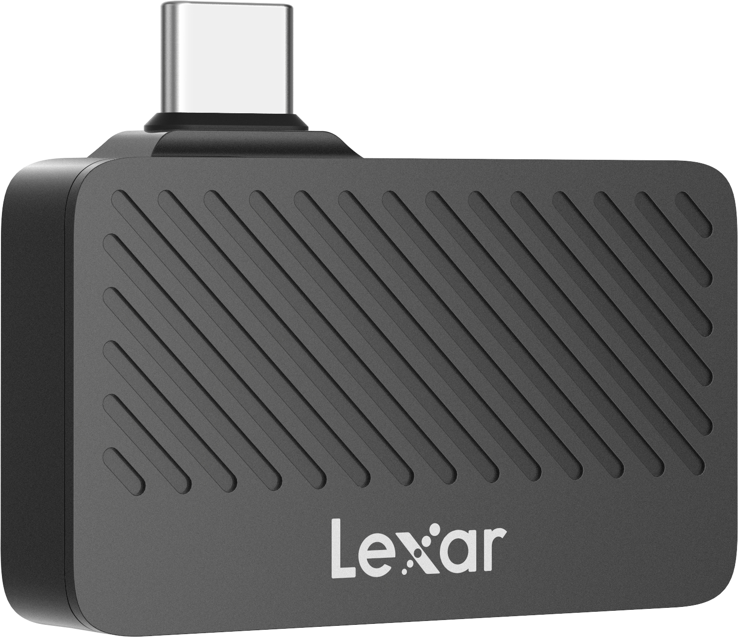 Ciemnoszary pendrive USB-C Lexar. Ma żebrowany design i srebrne złącze USB-C u góry. Widoczne jest logo Lexar.