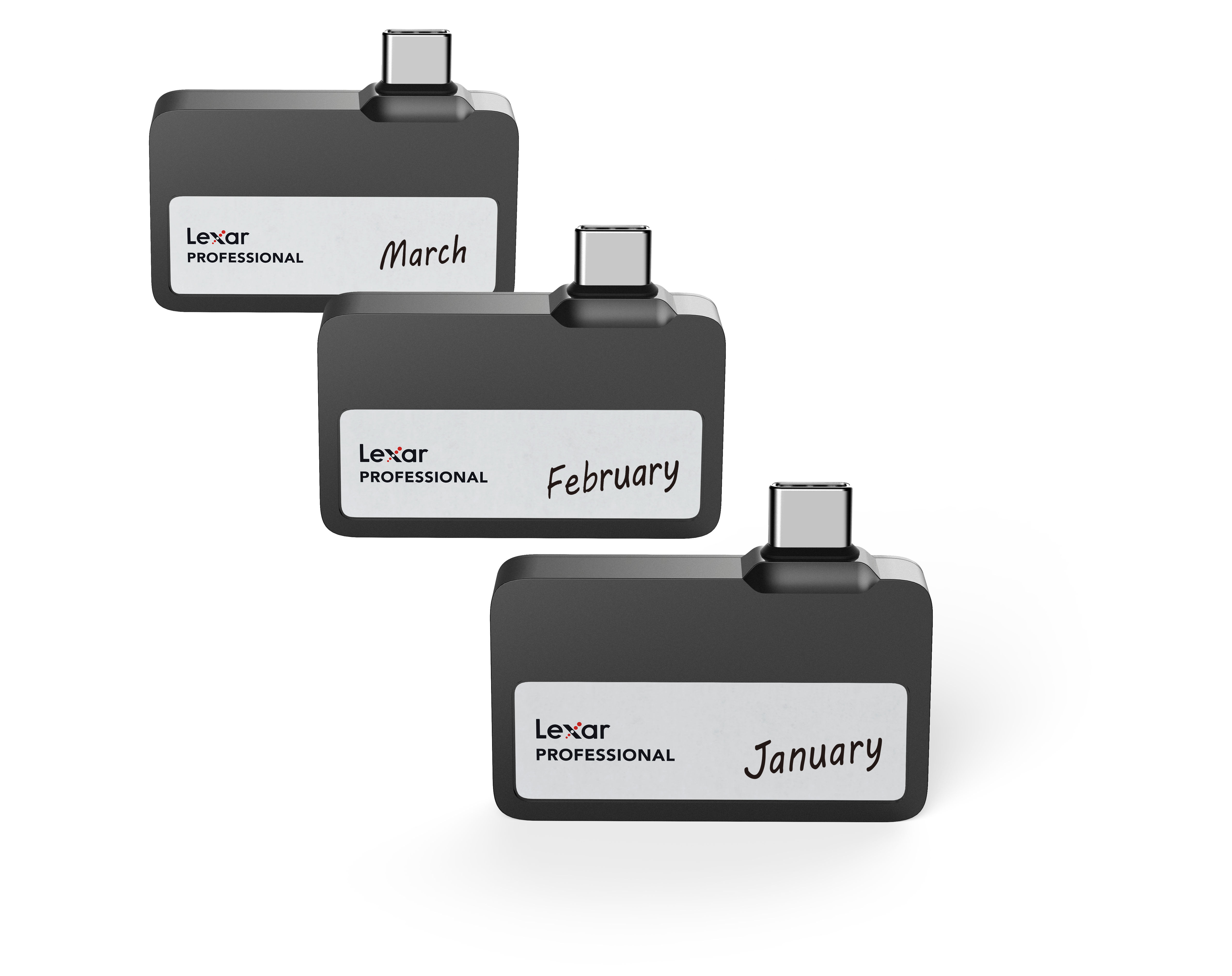 Trzy czarne pendrive'y z miesiącami. Na górze marzec, w środku luty, na dole styczeń.