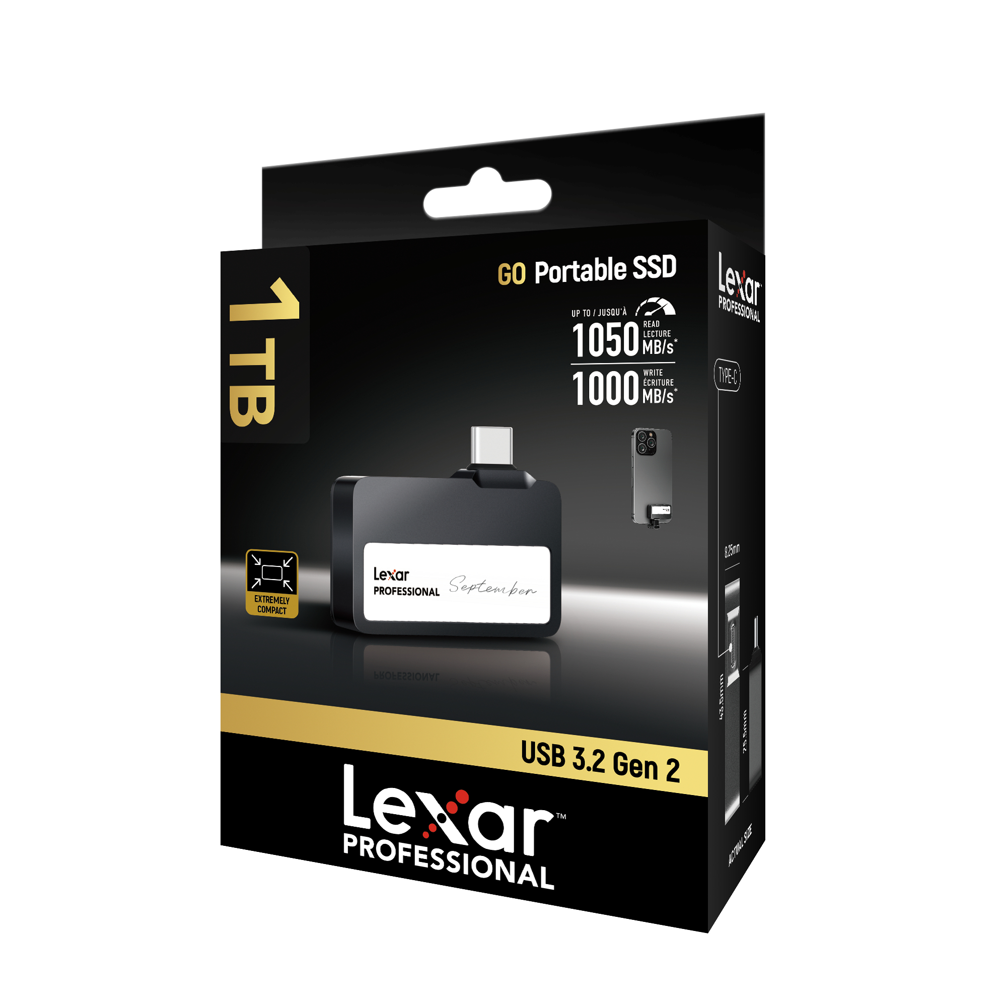 SSD portátil Lexar en caja. La caja es negra con detalles dorados y la SSD es negra con conector USB-C.