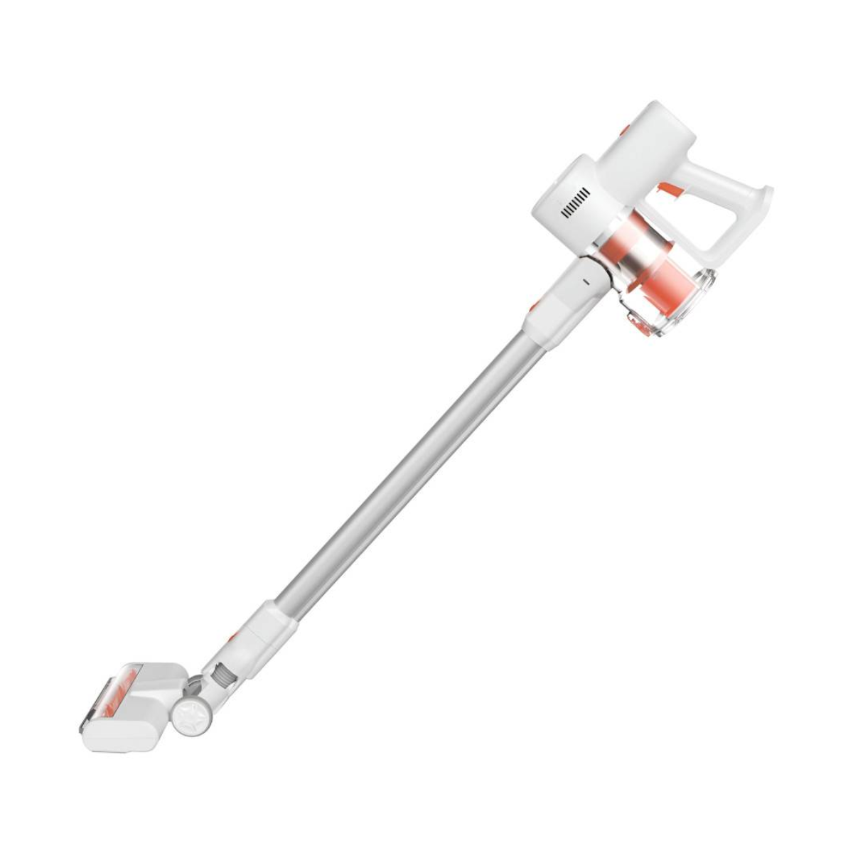 Biały i srebrny odkurzacz bezprzewodowy z pomarańczowymi akcentami, skierowany w prawo, na białym tle.