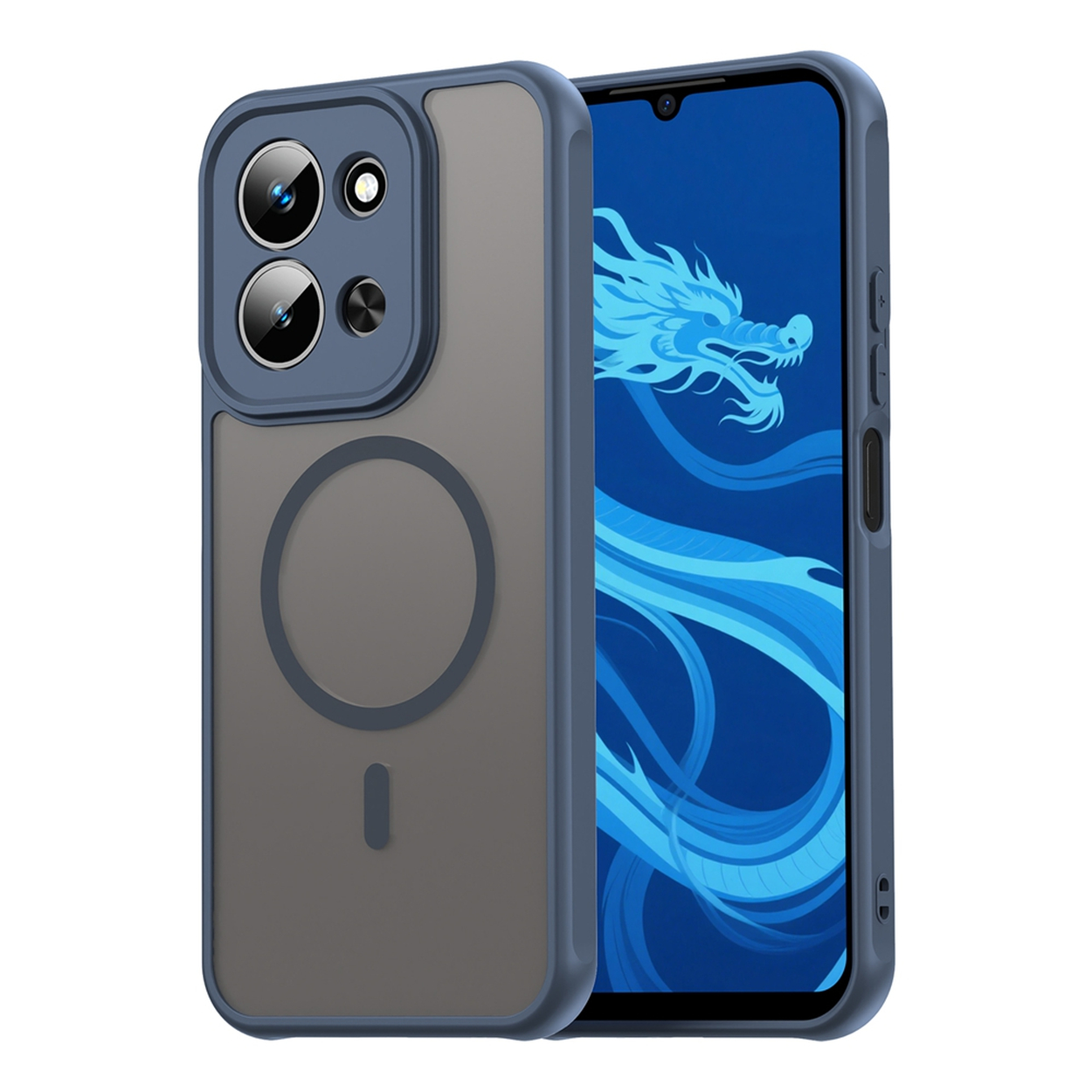 Een telefoon in een blauwe en grijze hoes. Er staat een draak op het scherm. De hoes heeft een cirkel en een lijn.