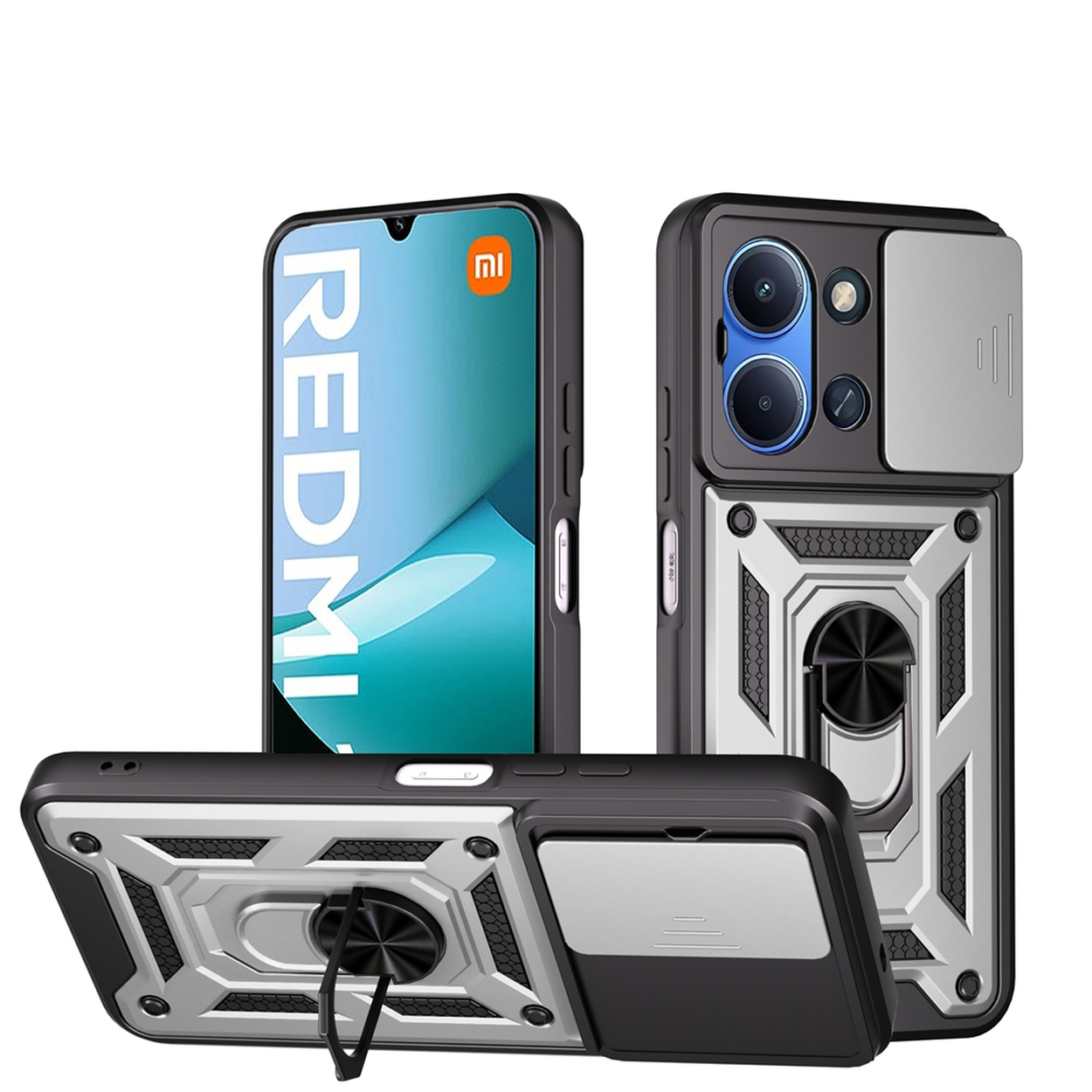 Trois étuis de téléphone : l'un montre un téléphone avec REDMI à l'écran, d'autres montrent l'arrière des étuis avec des trous pour l'appareil photo et un support.