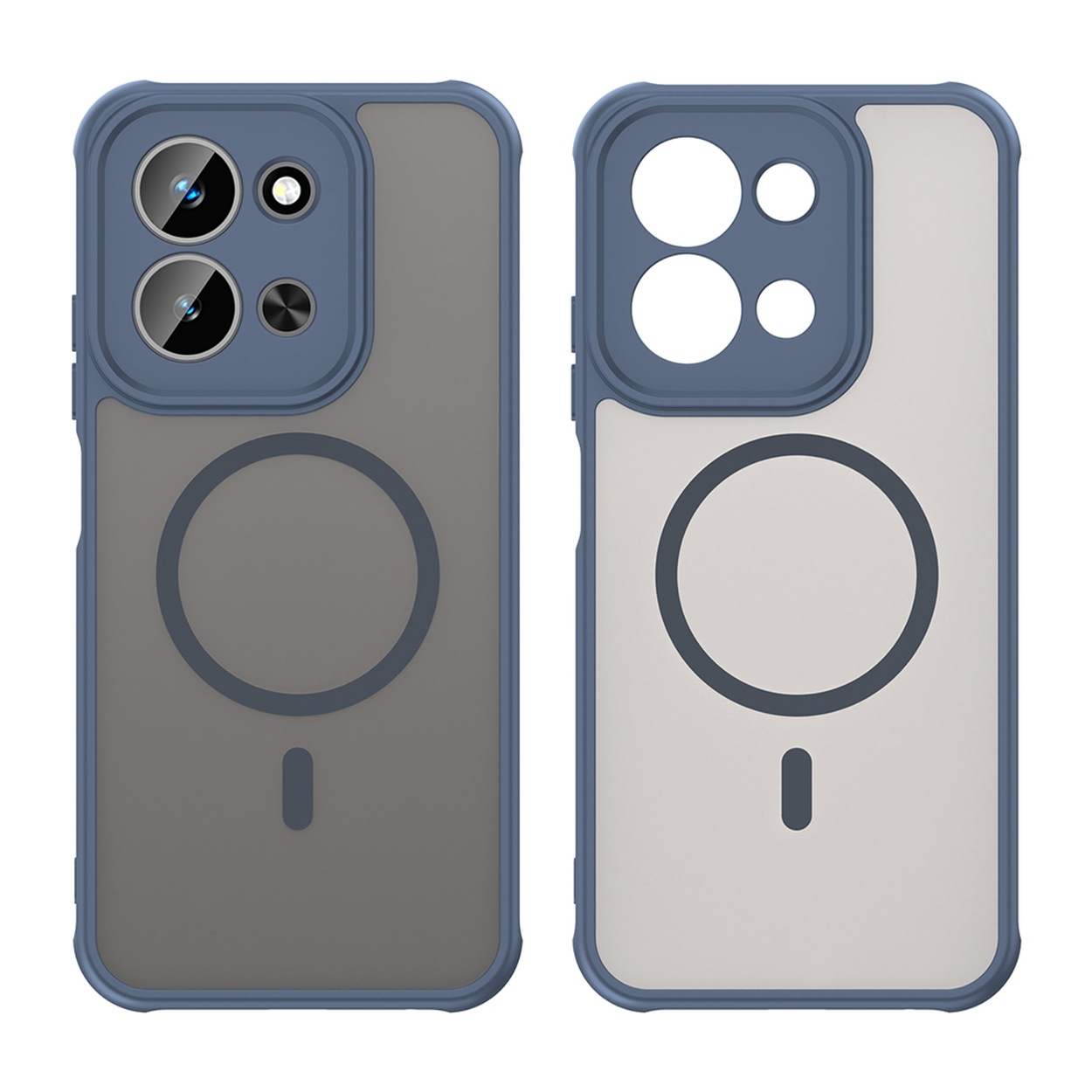 Twee telefoonhoesjes, blauw frame, transparante achterkant. Linkerhoes heeft camera-uitsparingen en een donkergrijze achterkant.