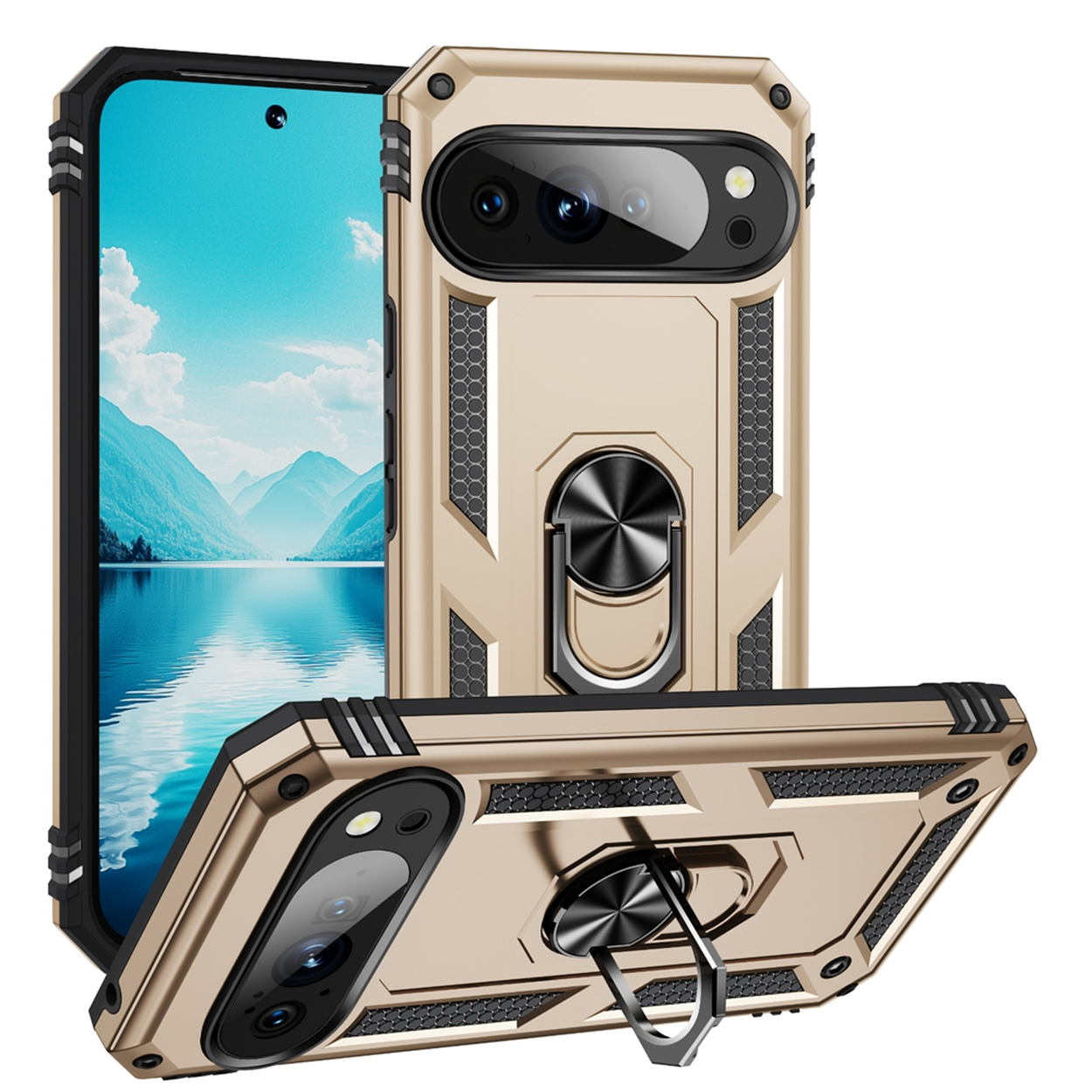 Gouden telefoonhoesje met een ringhouder. Een telefoon met een landschapsscène zit in de hoes. De hoes heeft een uitsparing voor de camera.