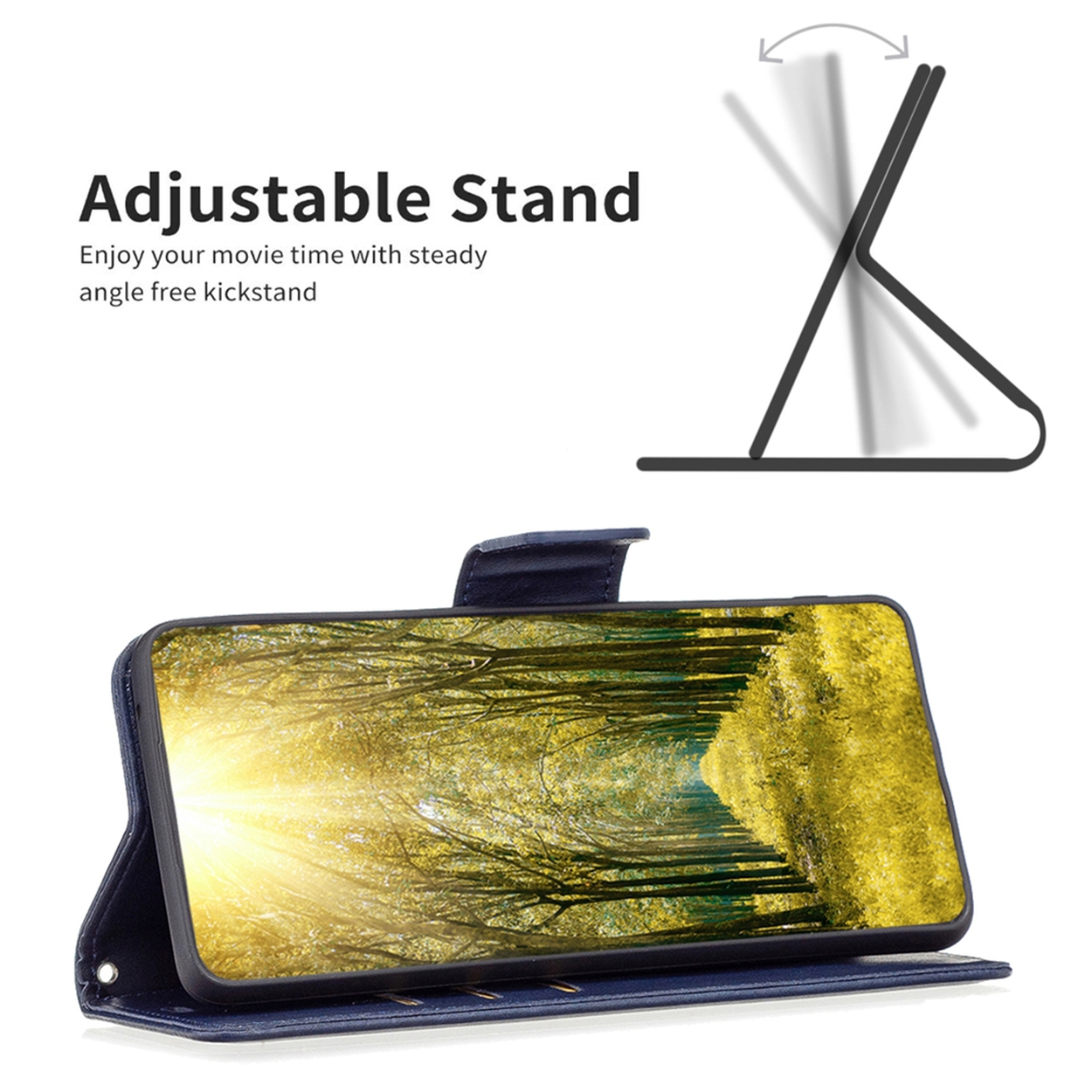 Een telefoonhoesje met een scherm dat een bospad laat zien. De hoes is blauw en heeft een verstelbare standaard.