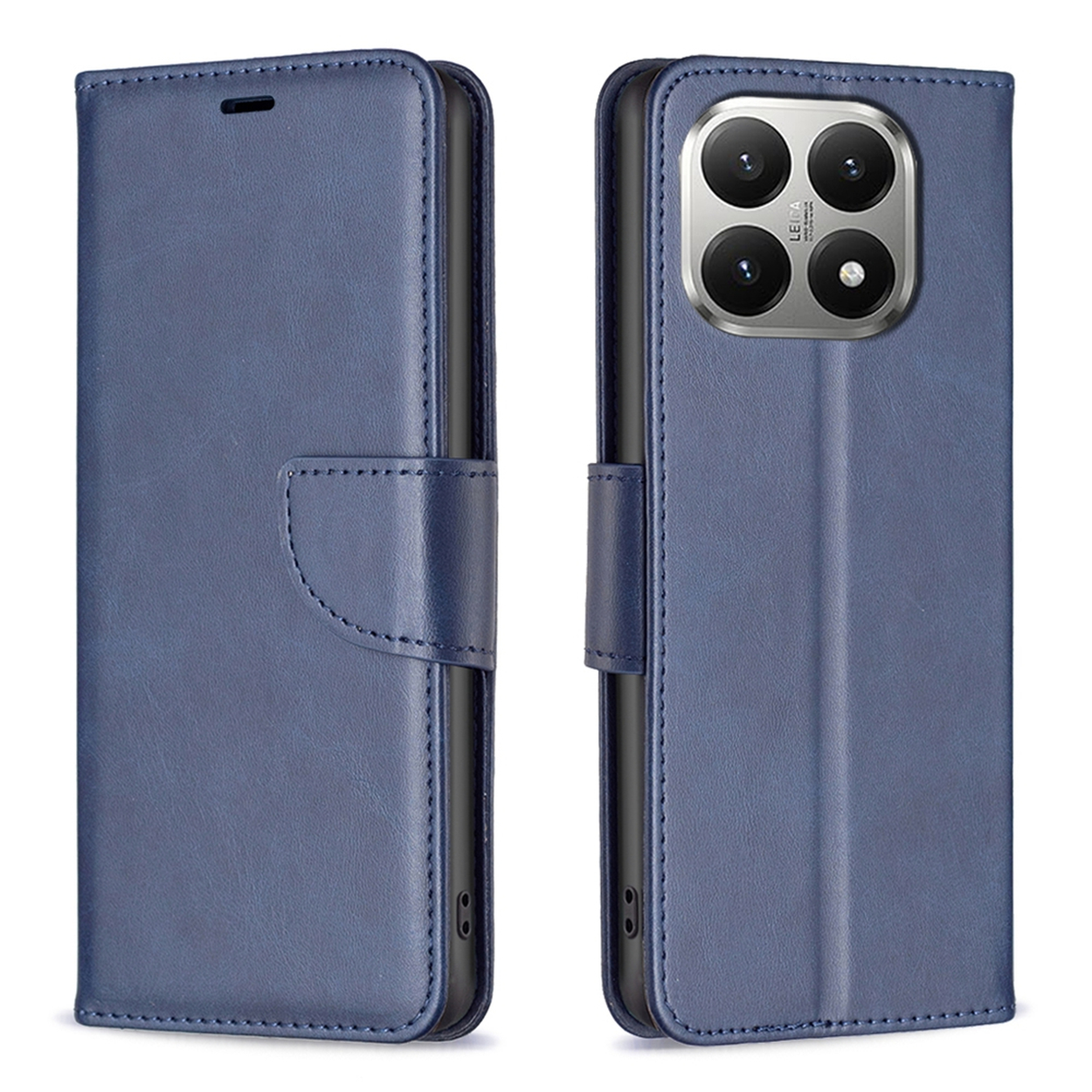 Een blauwe telefoonhoes met portemonnee-ontwerp is open. De telefoon zit aan de rechterkant. De hoes heeft een cameramodule.