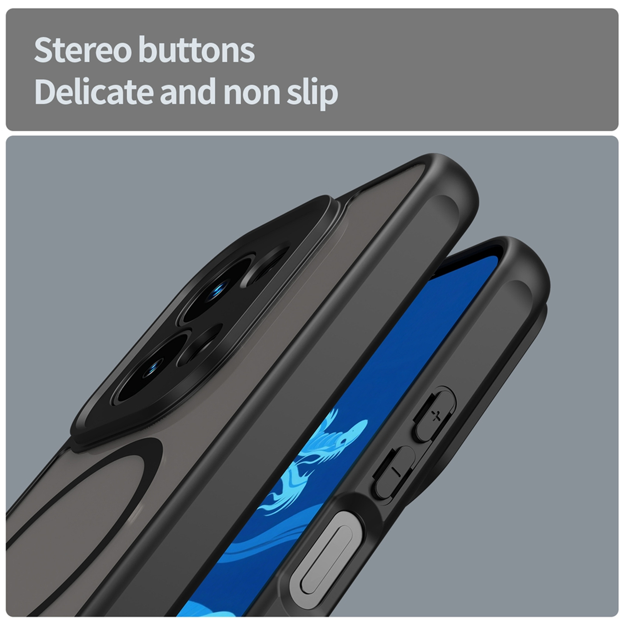 Gros plan sur une coque de téléphone noire, montrant les boutons de volume et les lentilles de l'appareil photo. L'écran affiche une image bleue.