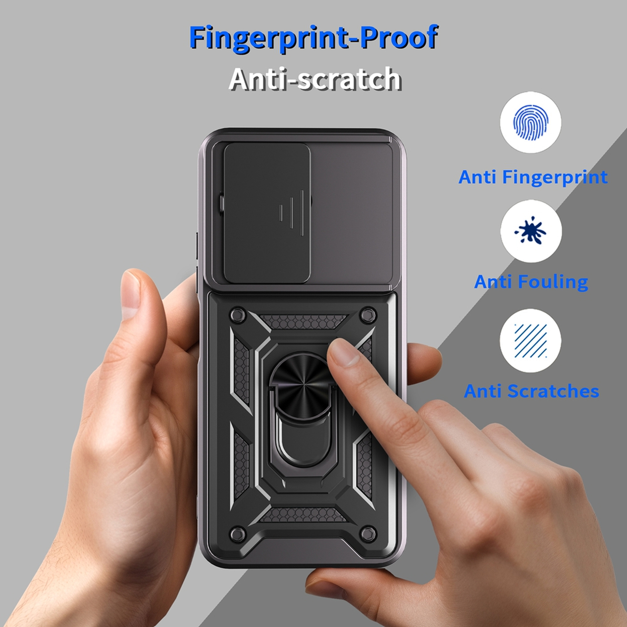 Une coque de téléphone avec anneau est tenue par des mains. Texte: anti-empreintes et anti-rayures. Icônes: anti-empreintes, salissures et rayures.