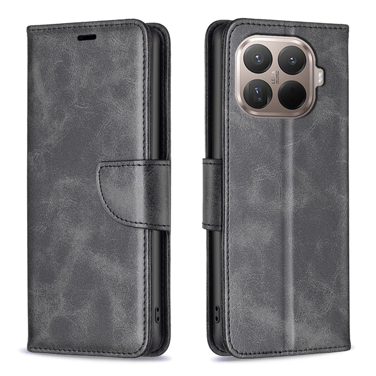 Een grijze leren telefoonhoes, open en dicht. De achterkant heeft een camerabult. De hoes heeft een magnetische sluiting.