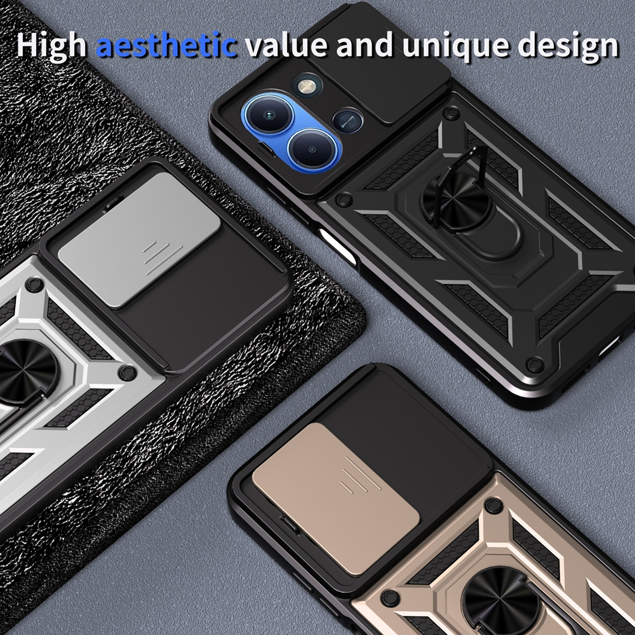 Trois étuis de téléphone avec caches coulissants pour appareil photo et supports d'anneau, en noir, argent et or, sur surface texturée.