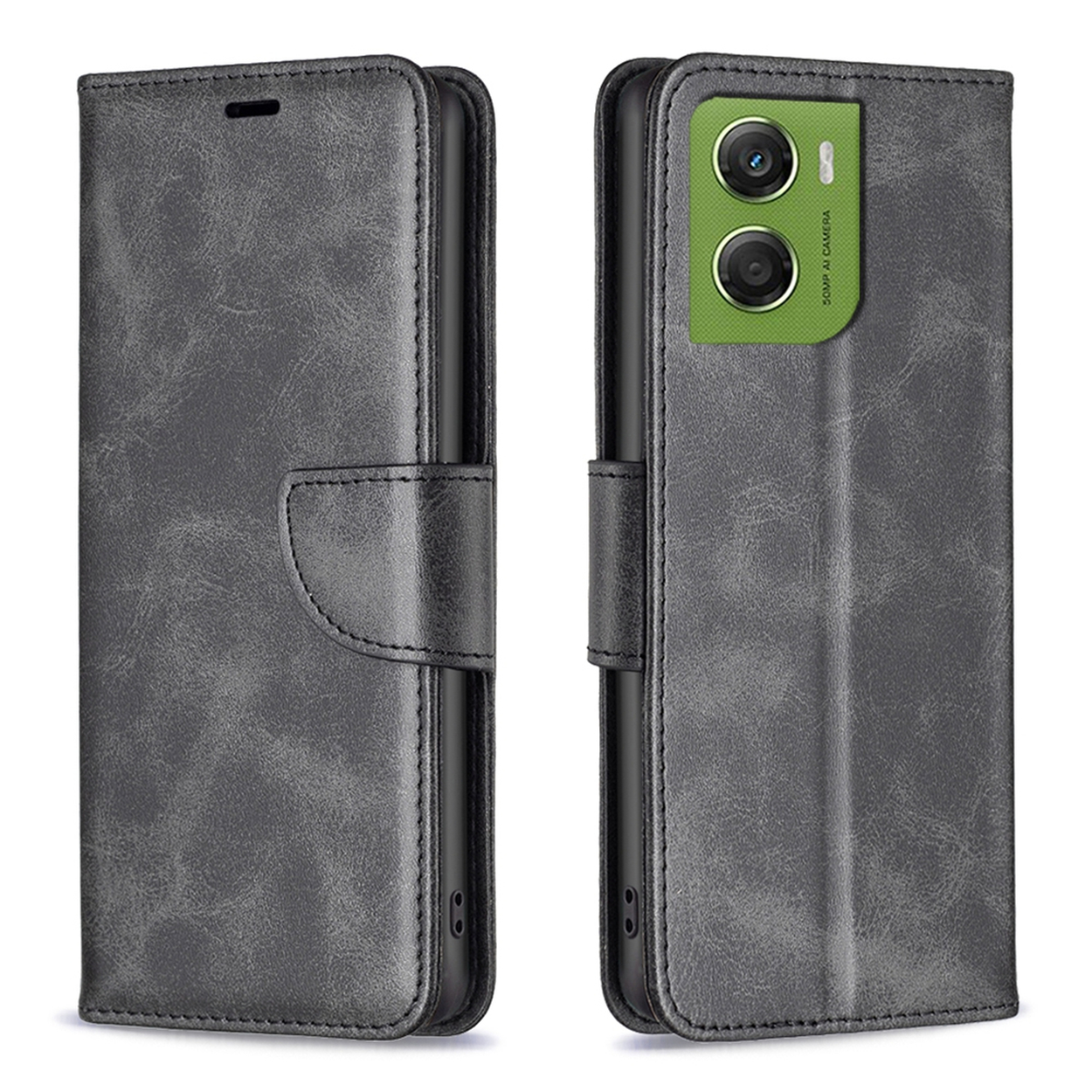 Un étui de téléphone en cuir gris, ouvert et fermé, avec une fermeture magnétique. L'étui ouvert montre des objectifs d'appareil photo et une base verte.