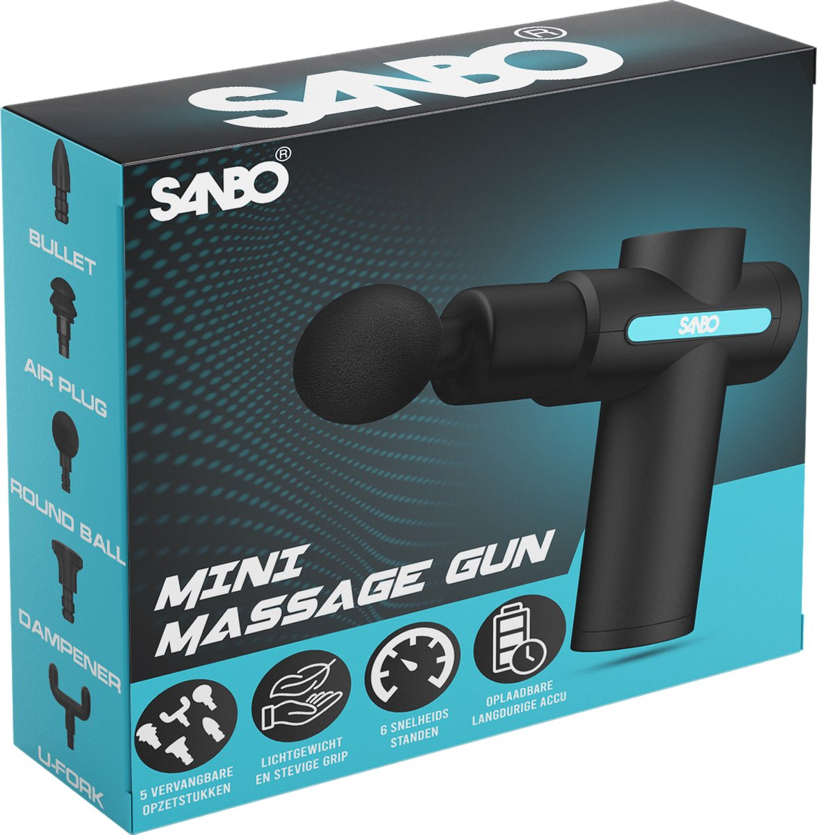 Eine Schachtel mit einer schwarzen Massagepistole, Aufsätzen und Symbolen. Auf der Schachtel steht 'SANBO MINI MASSAGE GUN' und listet Funktionen auf.