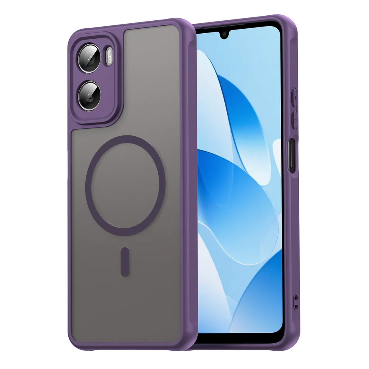 Een paarse telefoonhoes met een grijze achterkant en een telefoon met een blauw en wit scherm. De hoes heeft camera-uitsparingen en een circulair ontwerp.