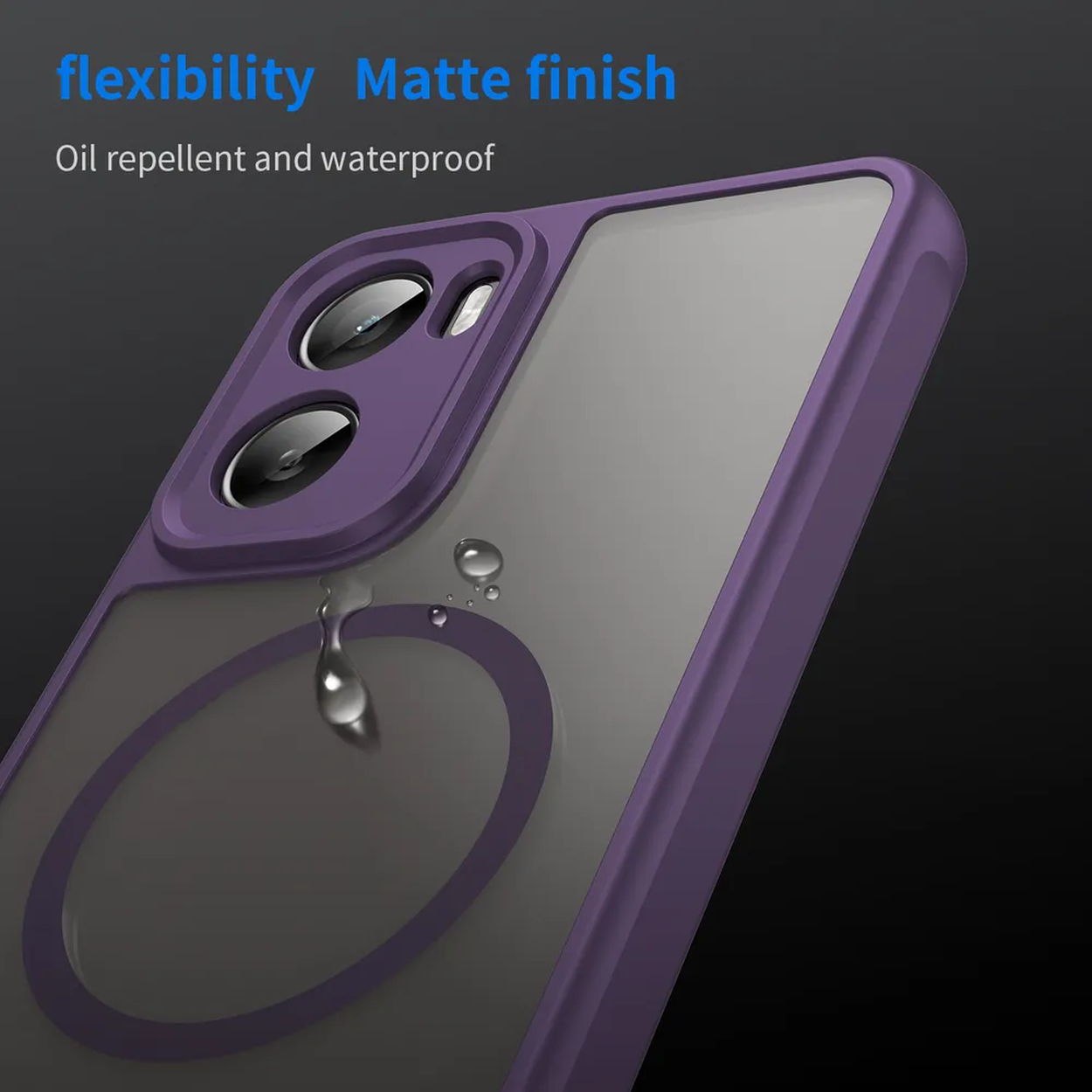 Een paarse telefoonhoes met een doorzichtige achterkant. Er zitten waterdruppels op de hoes. Tekst zegt flexibiliteit, matte afwerking, waterafstotend.