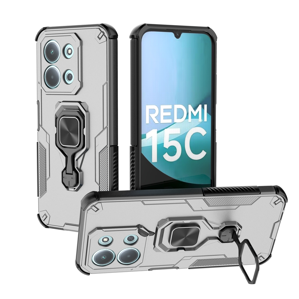 Een telefoonhoesje voor Redmi 15C. Zilver en zwart, met een ringhouder. De telefoon is zichtbaar en heeft het woord Redmi 15C op het scherm.