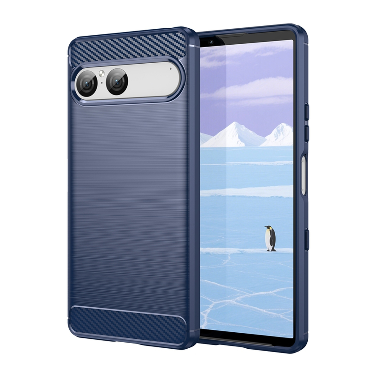 Un étui de téléphone bleu à côté d'un téléphone affichant une scène arctique avec un pingouin, des montagnes et de la glace.