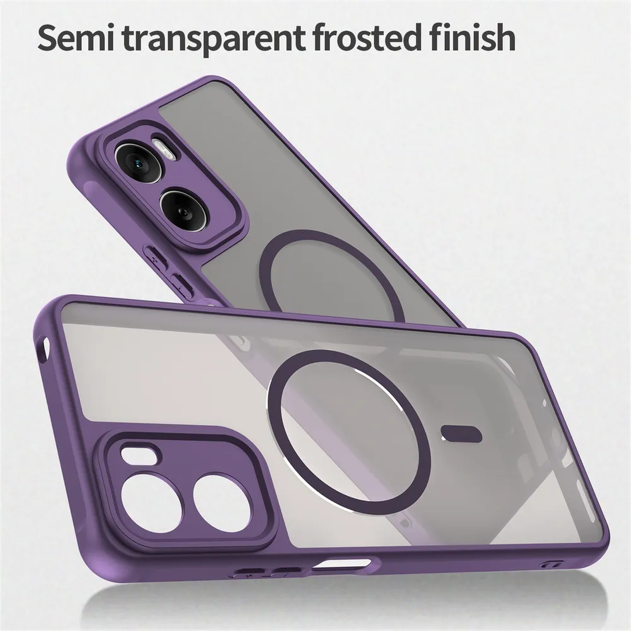 Twee paarse telefoonhoesjes met transparante achterkanten. Eén staat schuin en toont camera-uitsparingen. Matte afwerking zichtbaar.