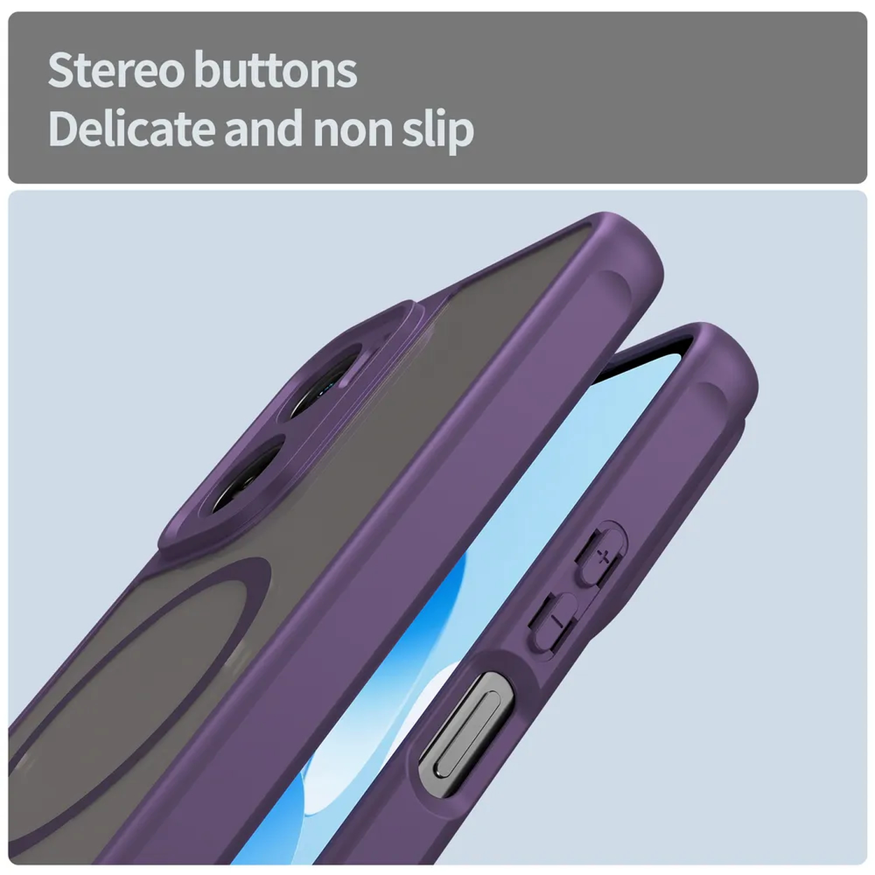 Close-up van een paarse telefoonhoes, met stereoknoppen. De hoes is open en toont het scherm van de telefoon. Tekst: 'Stereoknoppen' en 'Delicaat en antislip'.