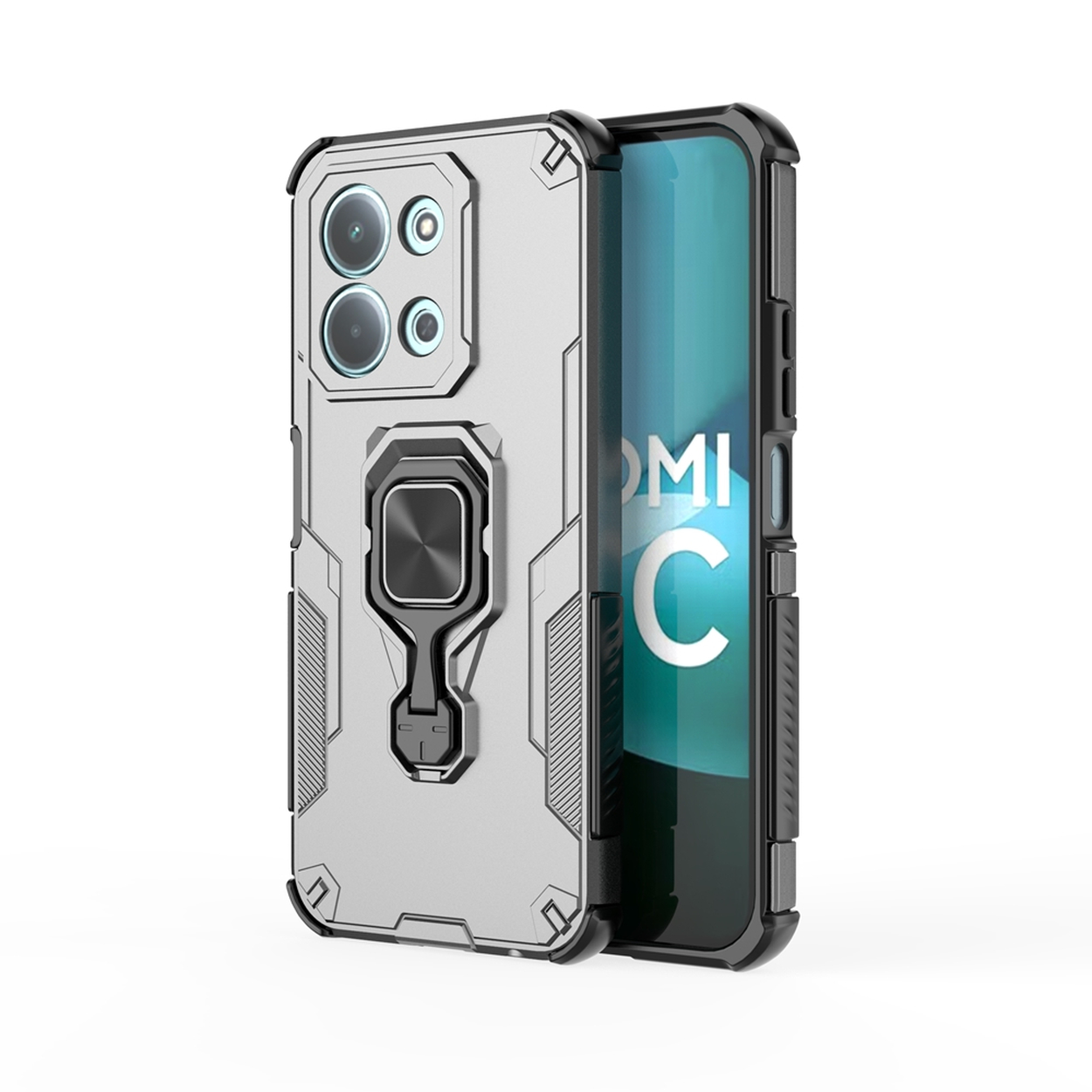 Een telefoonhoesje, zilver en zwart, dat een telefoon beschermt. De hoes heeft een ringhouder en camera-uitsparingen. Het scherm is zichtbaar.