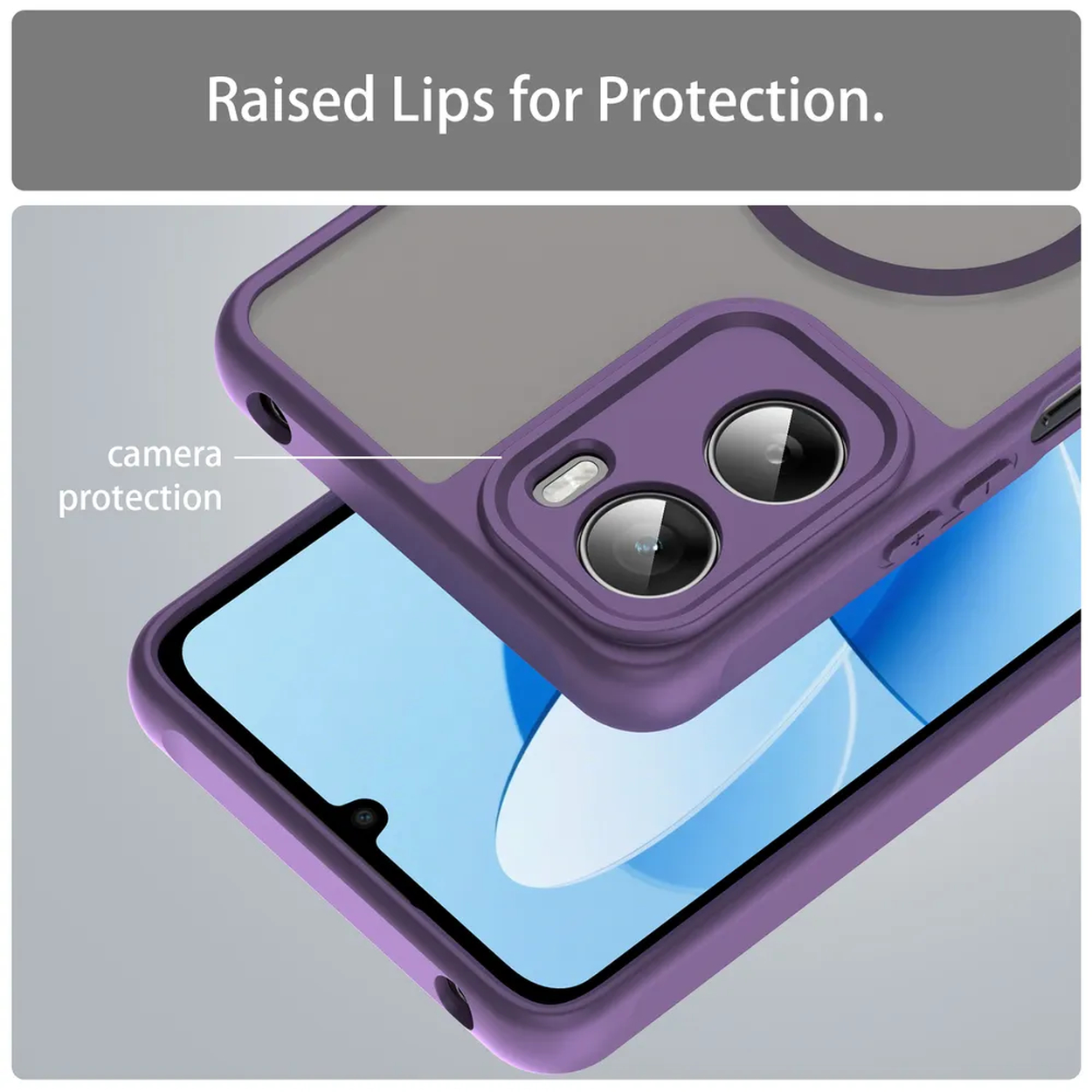 Een close-up van een paarse telefoonhoes met opstaande randen voor camerabescherming, overlappend op een telefoonscherm. Tekst luidt 'Raised Lips for Protection'.