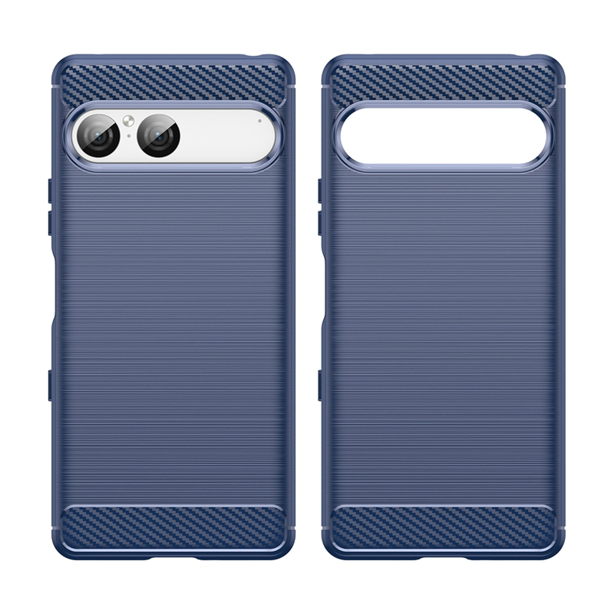 Deux coques de téléphone bleues. Une avec des découpes pour l'appareil photo, l'autre avec une grande ouverture. Les deux ont des surfaces texturées et des accents en fibre de carbone.