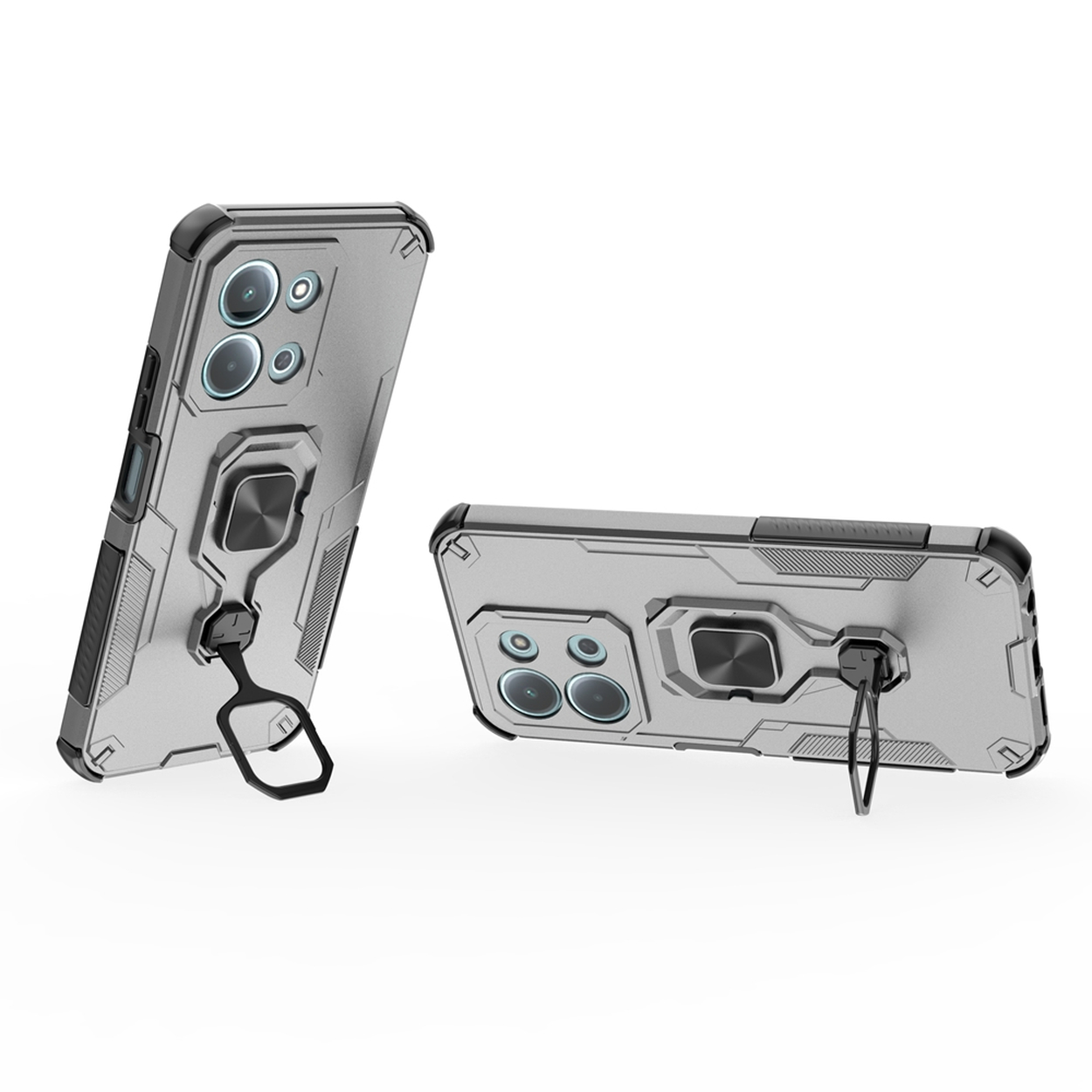 Twee grijze telefoonhoesjes met zwarte accenten worden getoond. Elk heeft een ringhouder. De achtergrond is wit.