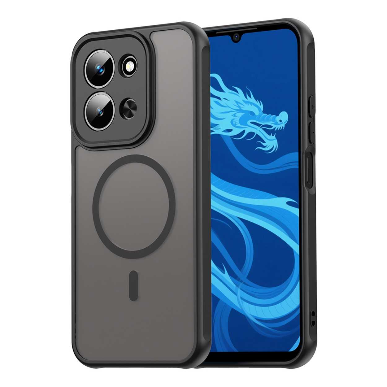 Un téléphone dans un étui noir. L'étui a une découpe pour l'appareil photo avec trois lentilles et un design circulaire. L'écran affiche un dragon bleu.