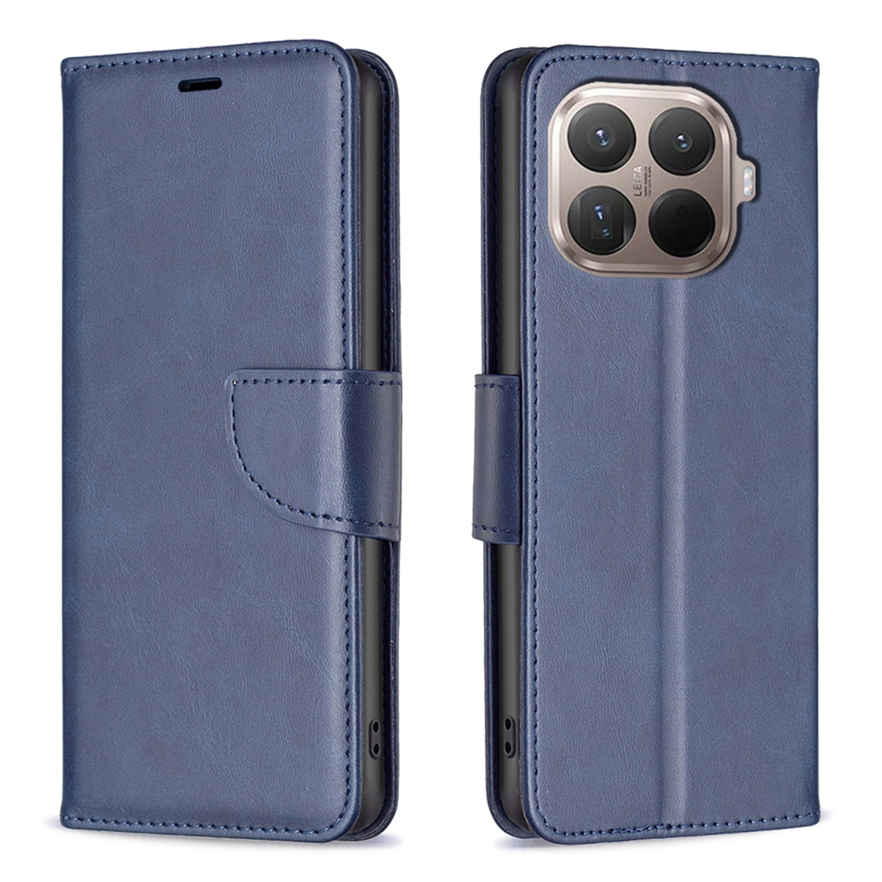 Un étui de téléphone en cuir bleu, ouvert pour révéler le support du téléphone. L'étui a une fermeture magnétique et une découpe pour l'appareil photo.
