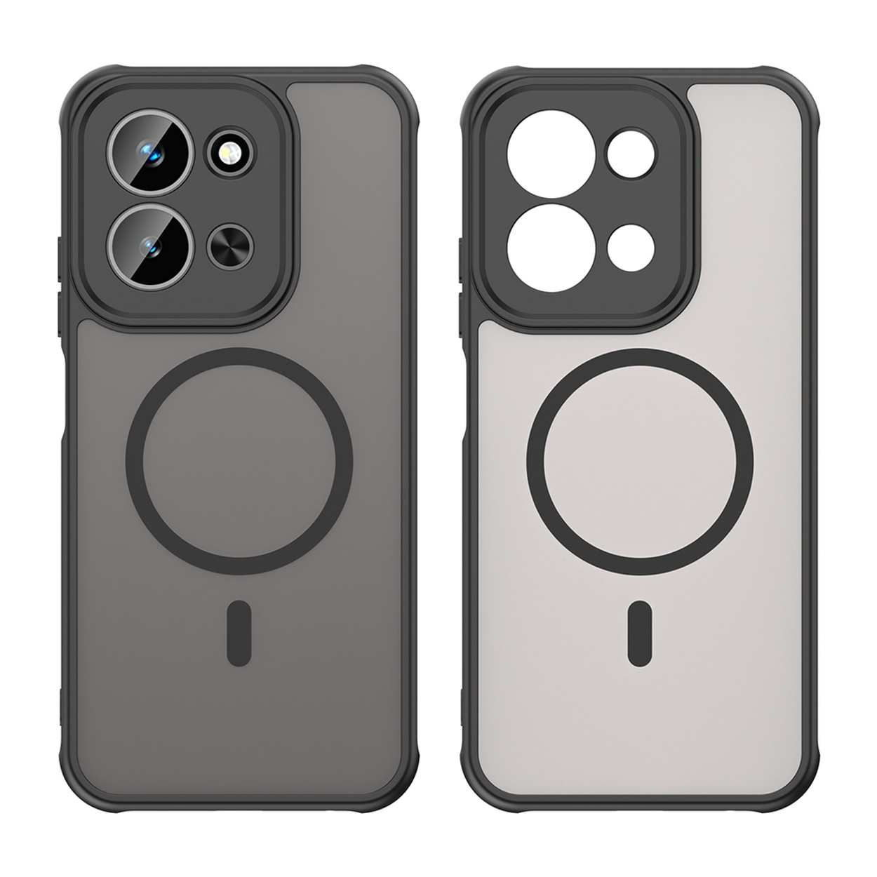 Deux coques de téléphone. L'une est gris foncé, l'autre claire. Les deux ont des découpes caméra, des cercles et un tiret en bas.