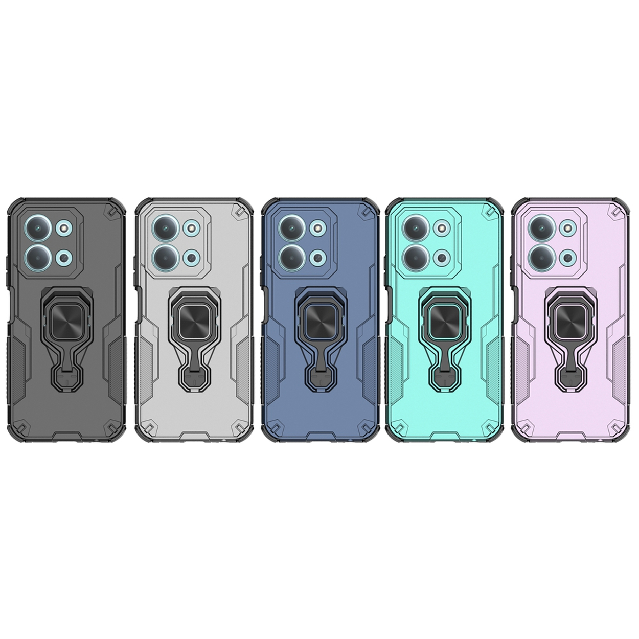 Vijf telefoonhoesjes op een rij. Kleuren zijn grijs, wit, blauw, teal en roze. Elk heeft een ringhouder.