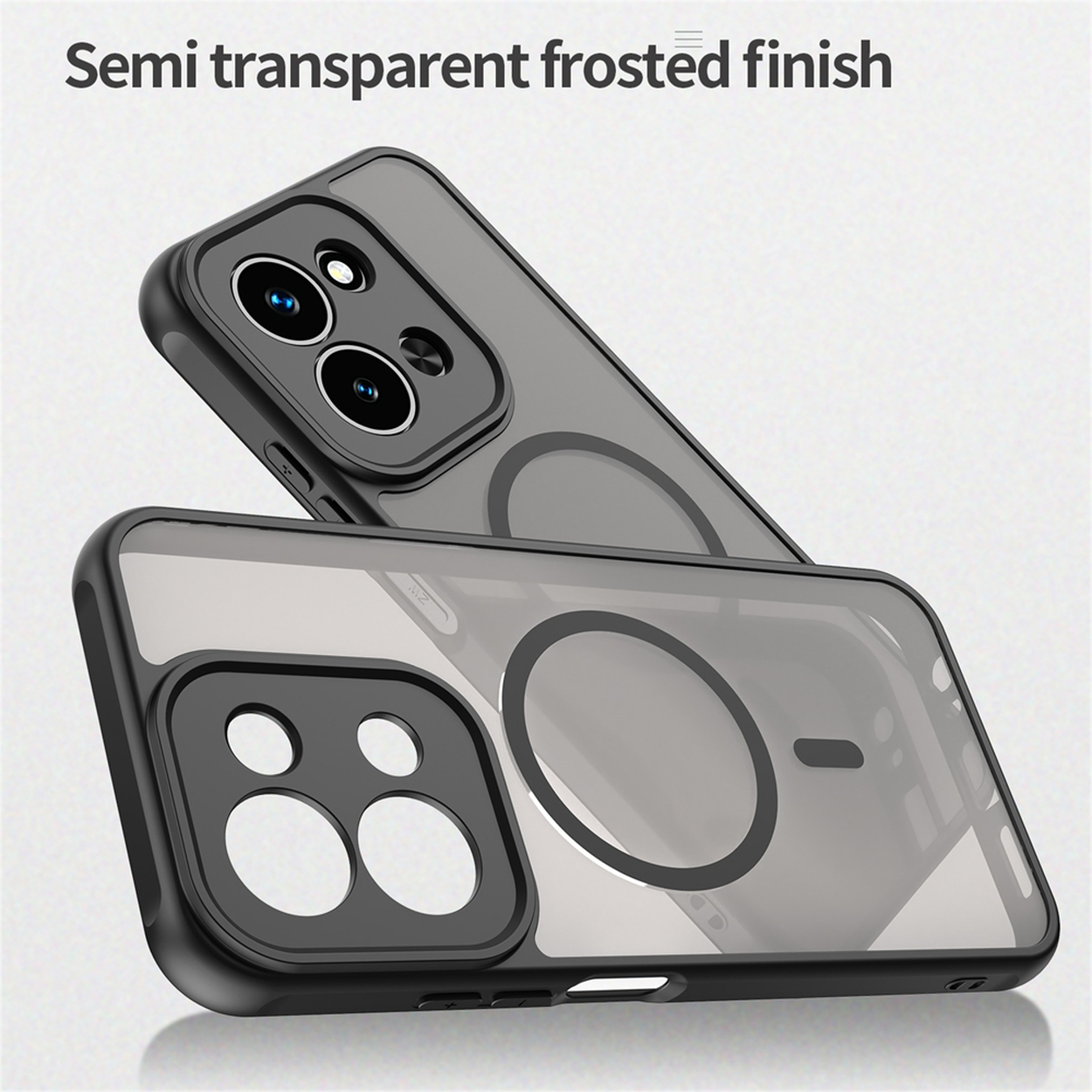Deux coques de téléphone transparentes avec des bordures noires se chevauchent. Celle du haut montre la zone de la caméra. Celle du bas est devant.