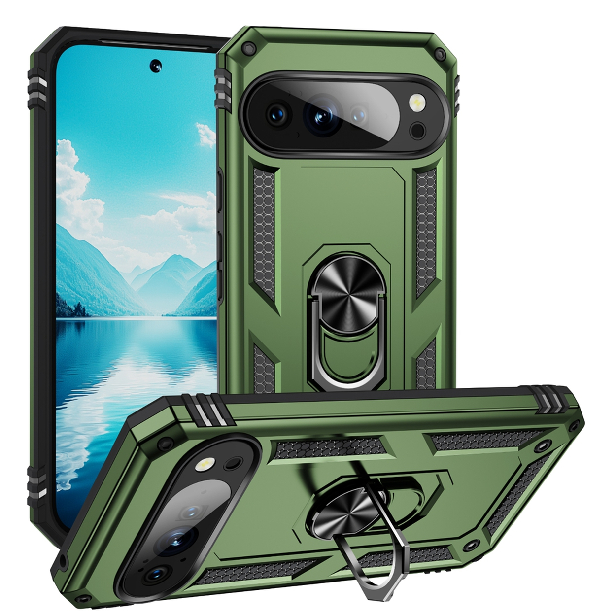 Groene telefoonhoes met ringhouder en zwarte telefoon. De hoes heeft een robuust ontwerp. Het telefoonscherm toont een berglandschap.