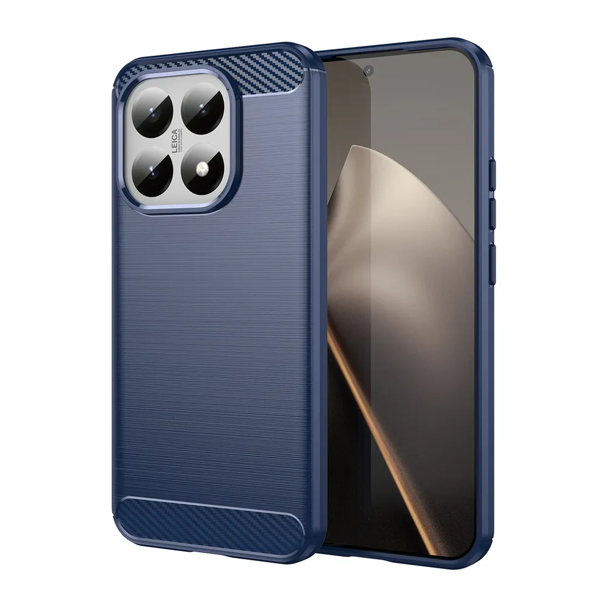 Een blauwe telefoonhoes met carbonvezeltextuur. Het scherm is zichtbaar, met cameralenzen aan de achterkant.