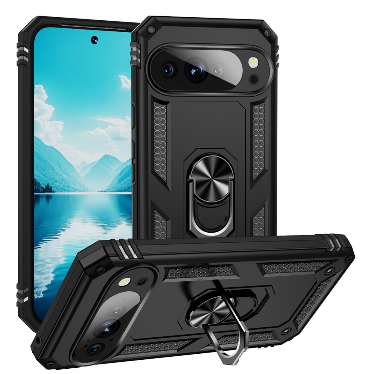 Zwarte telefoonhoesjes met ringhouders. Eén toont een telefoonscherm met een berglandschap. De hoesjes zijn schuin geplaatst.