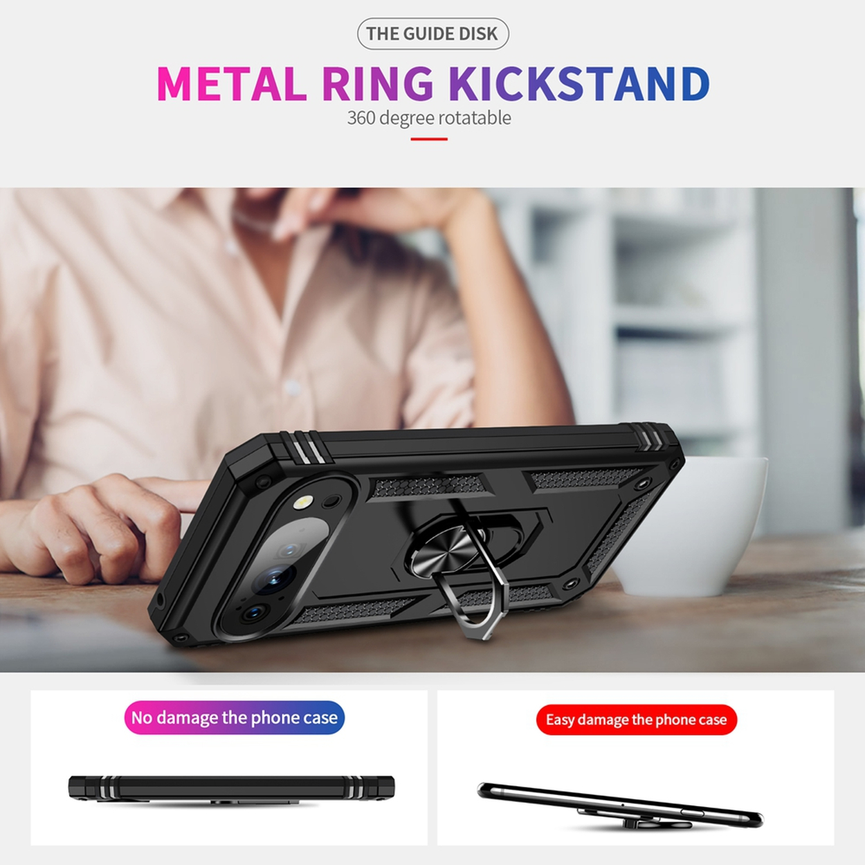 Een zwarte telefoonhoes met een metalen ringstandaard ligt op een tafel. De tekst "METAL RING KICKSTAND" staat boven de telefoon.
