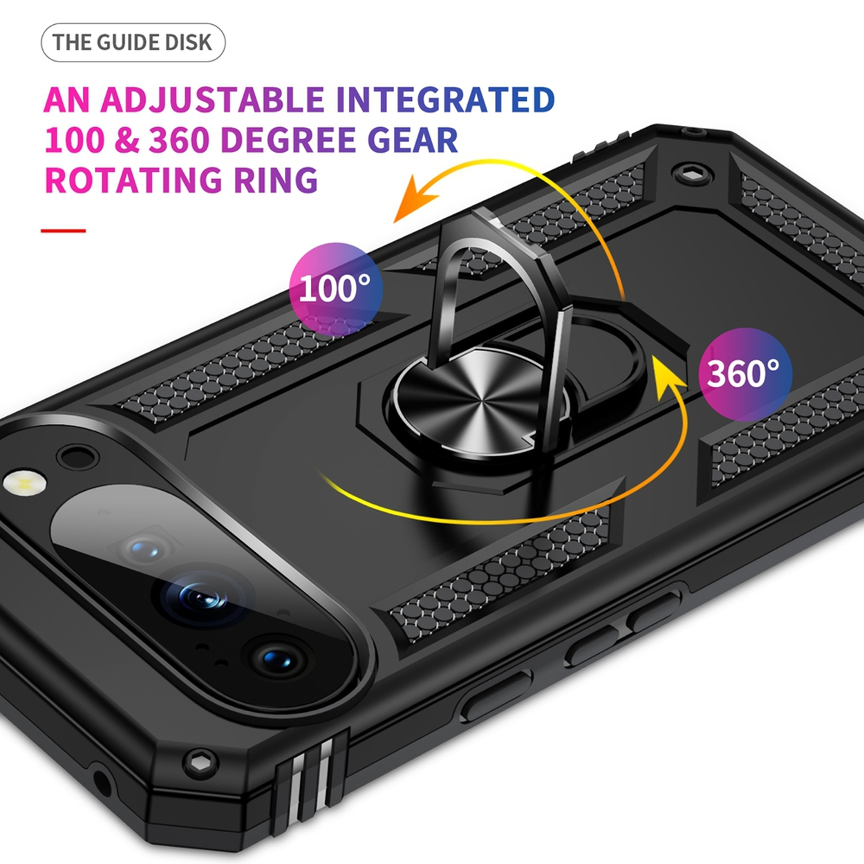 Zwarte telefoonhoes met draaiende ring, met 100 en 360 graden rotatie, met tekst 'AN ADJUSTABLE INTEGRATED ROTATING RING'.