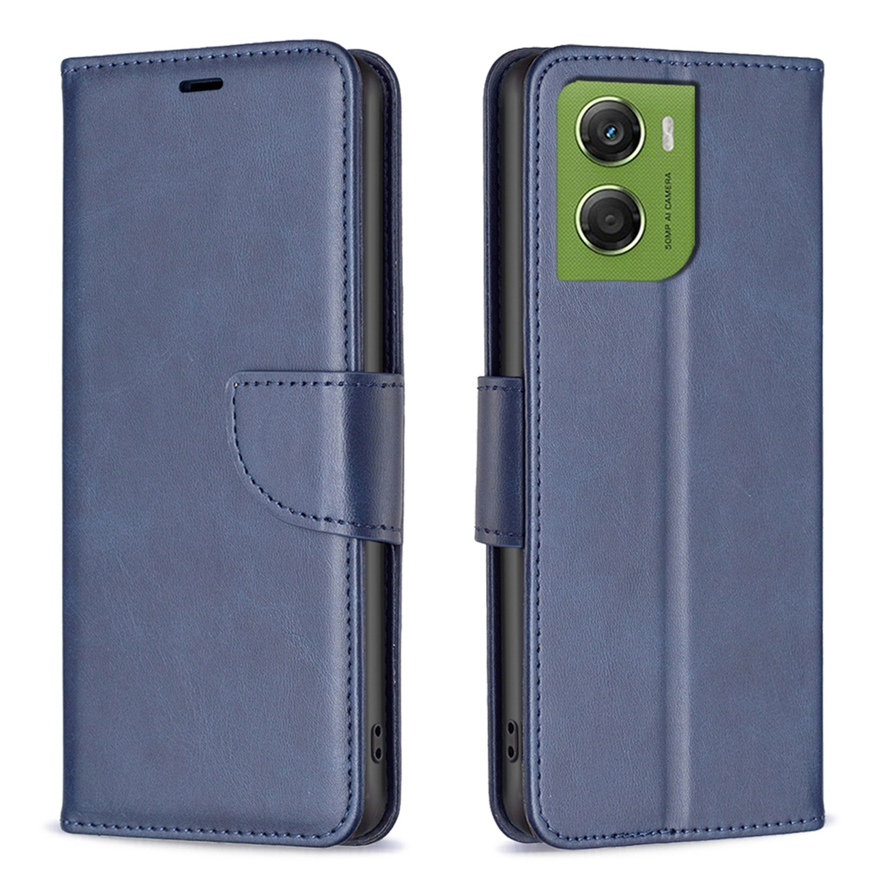 Étui de téléphone bleu avec fermeture magnétique. Il possède deux caméras à l'arrière. L'étui est ouvert.
