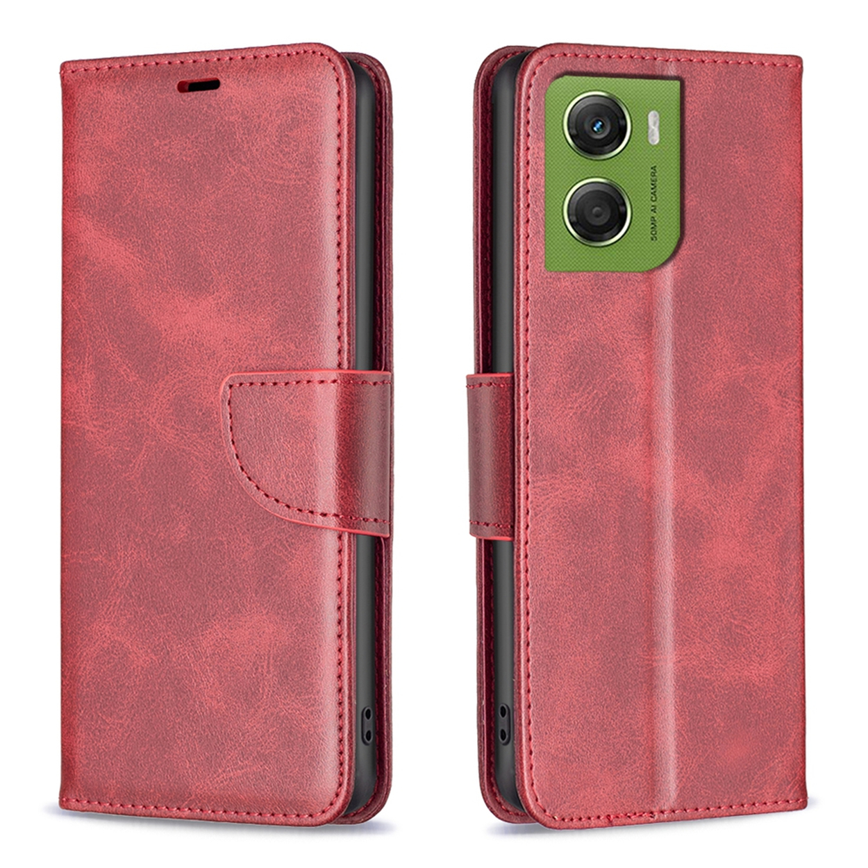 Étui de téléphone en cuir rouge ouvert, montrant le téléphone et la caméra. L'étui a une fermeture magnétique et des coutures.