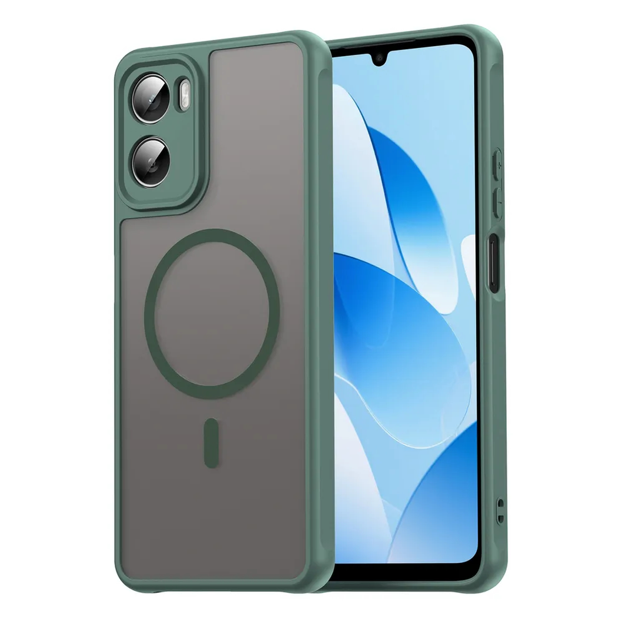 Une coque de téléphone verte avec un dos transparent et un anneau magnétique. Un téléphone est visible avec un fond bleu et blanc.