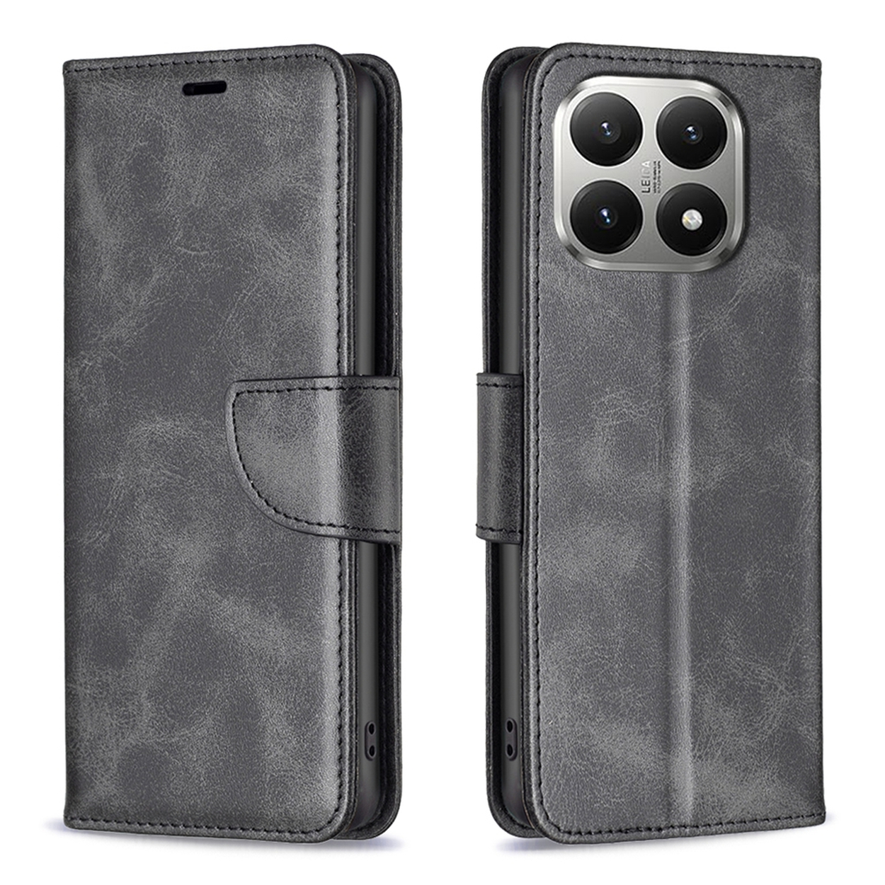 Un étui de téléphone en cuir gris, ouvert à gauche et fermé à droite, présentant la caméra du téléphone. L'étui comporte un fermoir.