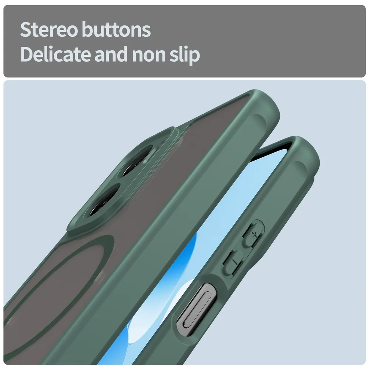 Gros plan d'une coque de téléphone verte avec boutons et écran. Texte : « boutons stéréo, délicats et antidérapants ».